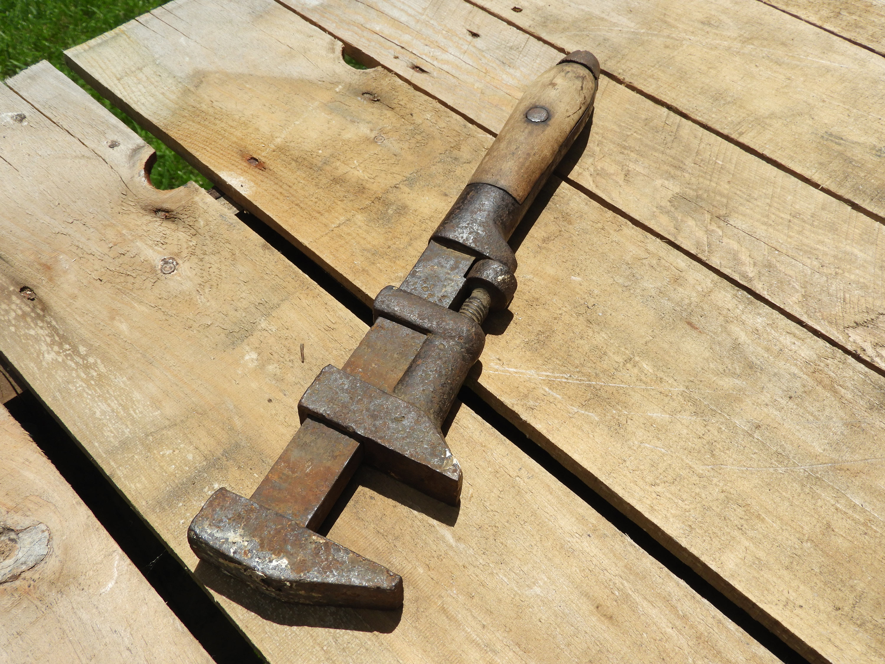 Antique Pipe Wrench, Decorative Wood Handle Monkey Wrench, Rare