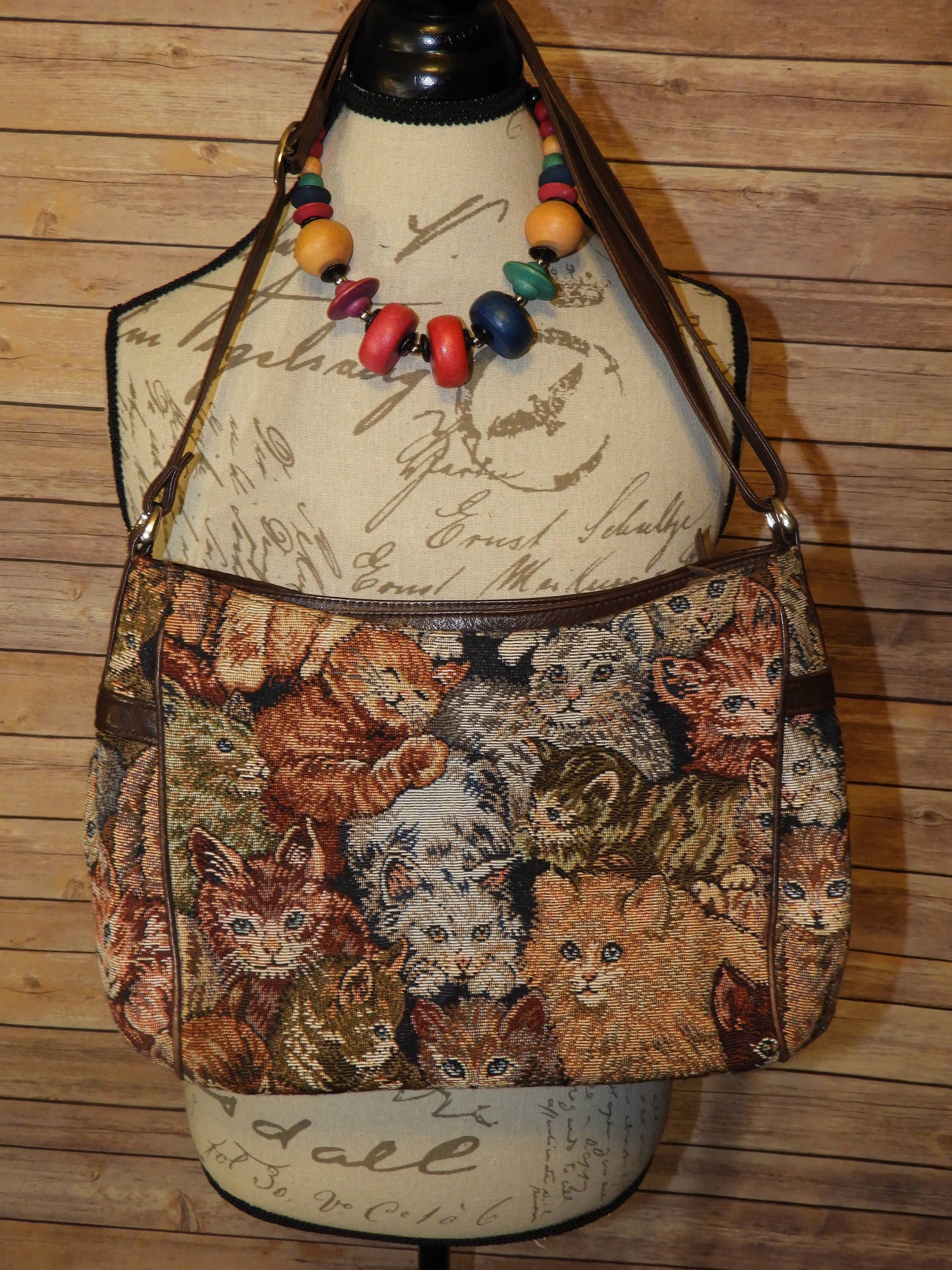 Vintage SAS Cat Theme Tapestry and Genuine Leather Shoulder Bag, Gray