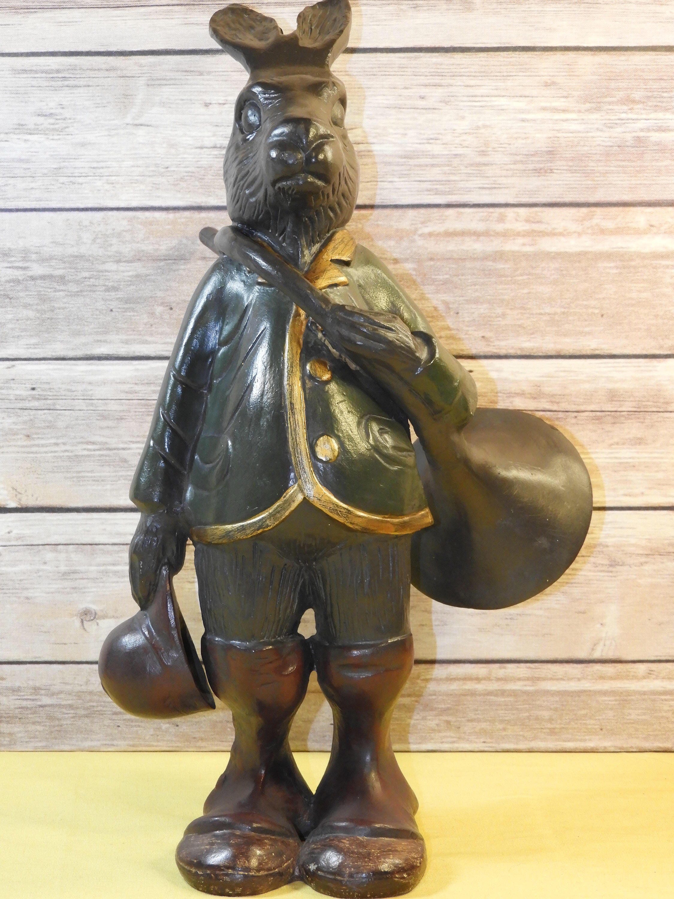 Vintage Rabbit Guardian Sculpture, Trumpet and 14 7/8 Tall Large Rabbit