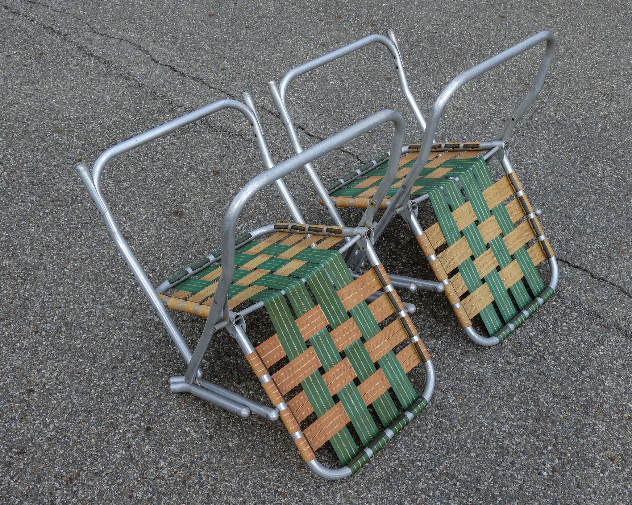 Vintage Lawn Chairs (2), Green & Gold, Tubed Aluminum, Metal Frame