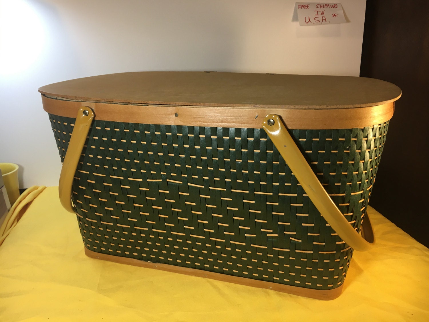 Vintage 60's Wicker Rattan Picnic Basket w/Retro Serving Set, Woven