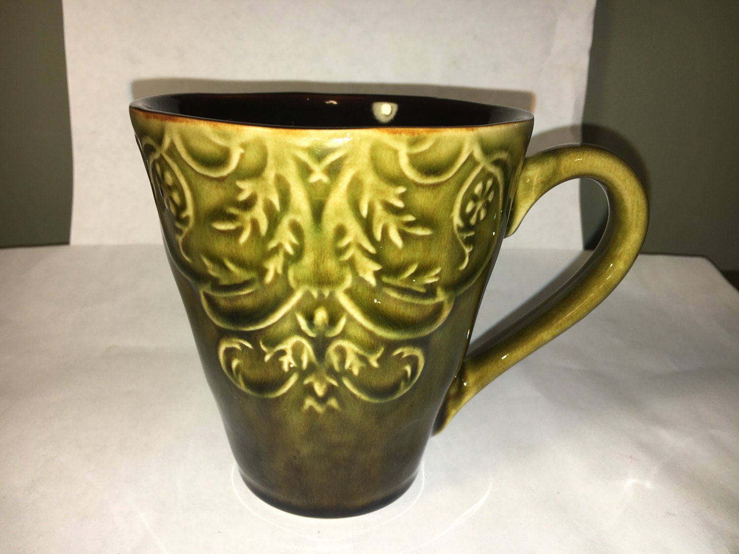 Vintage Green Mug, Dark Green & Brown Floral Ceramic Mug, Ceramic
