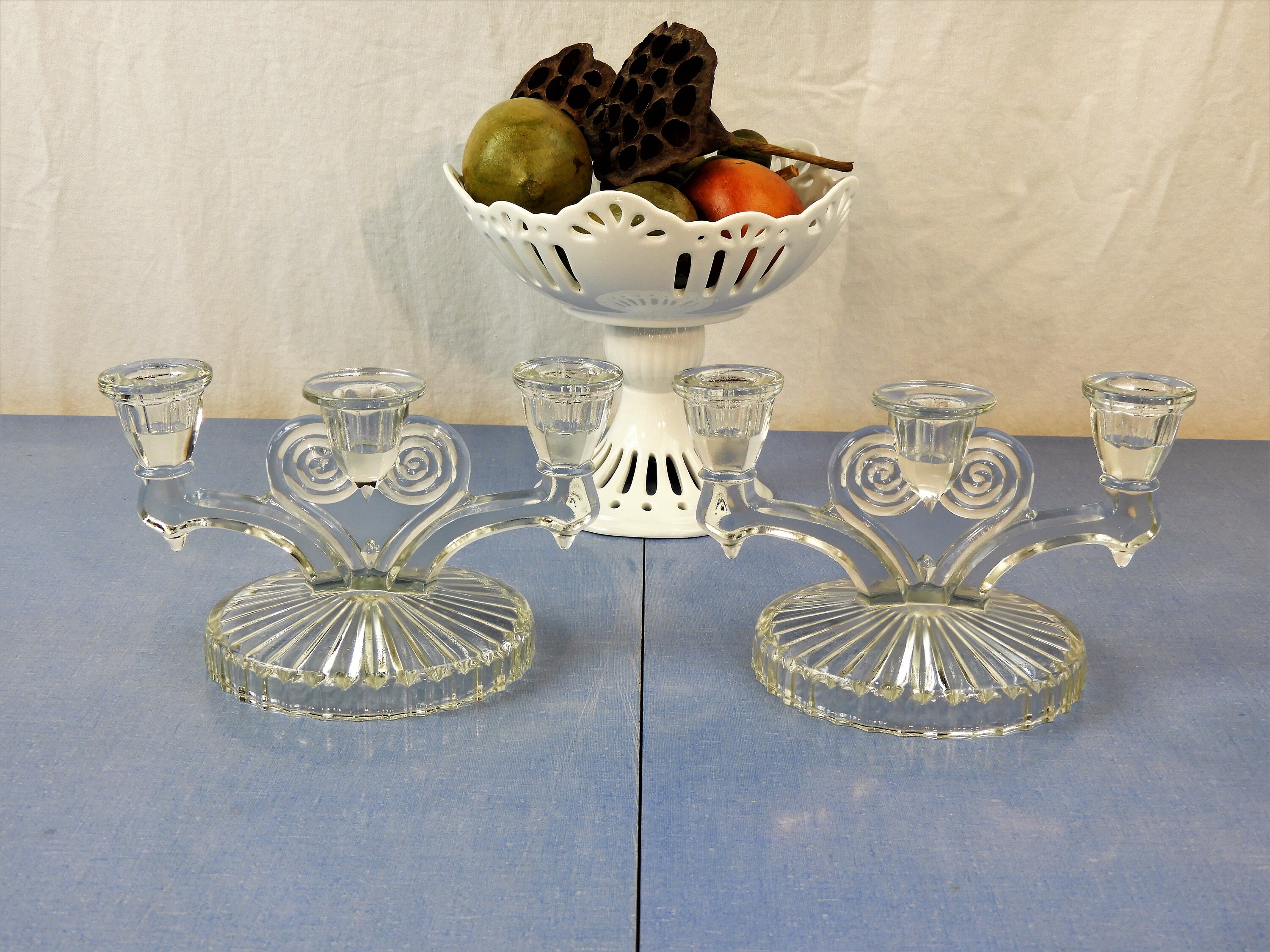 Vintage Glass Candelabras (2), Art Deco Decor, Triple Cup Candle