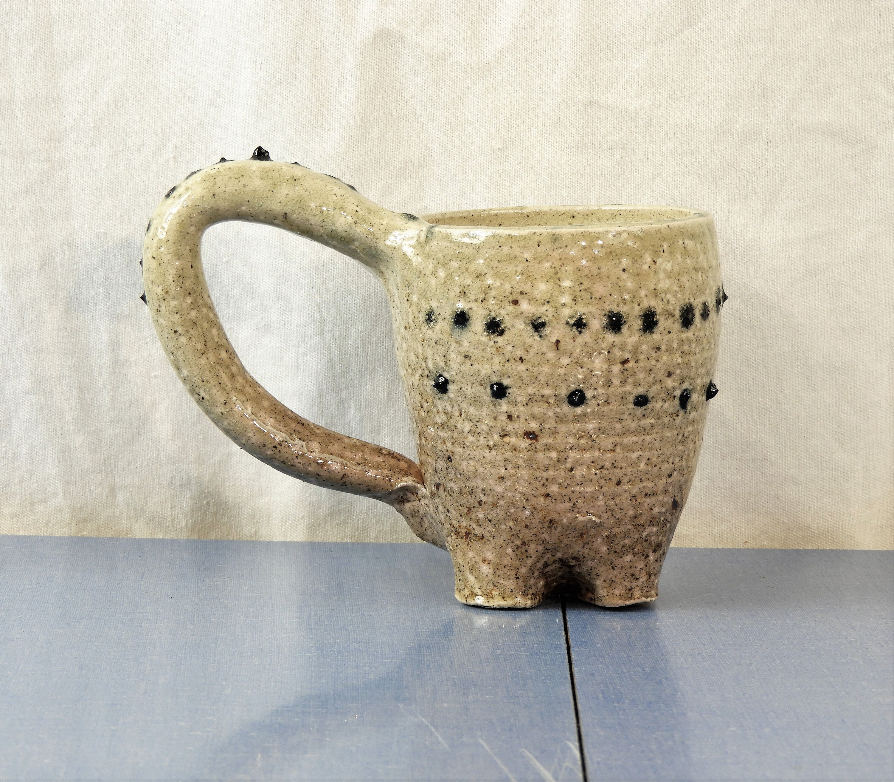 Vintage Dinosaur Mug, Stegosaurus Theme, Beige Ceramic Cup, Black Spike Pottery, Kitchen
