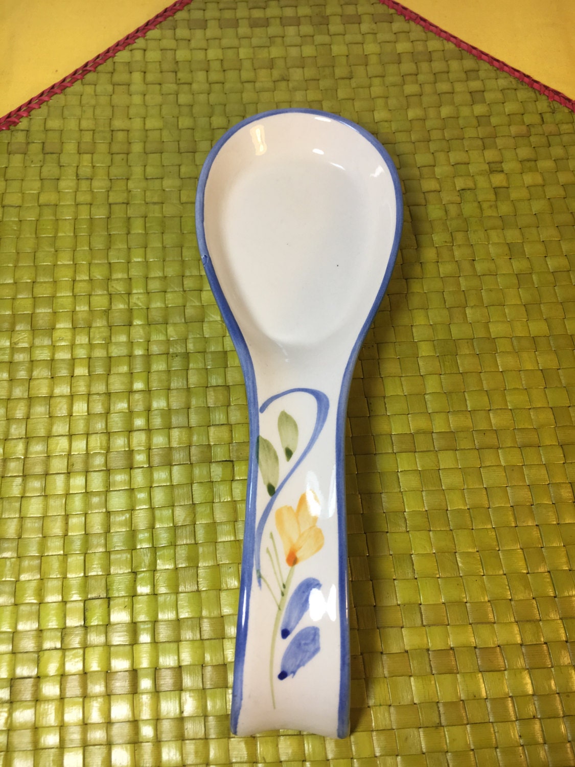 Vintage Ceramic Spoon Rest, White w/Blue Rim Spoon Rest, Floral Spoon