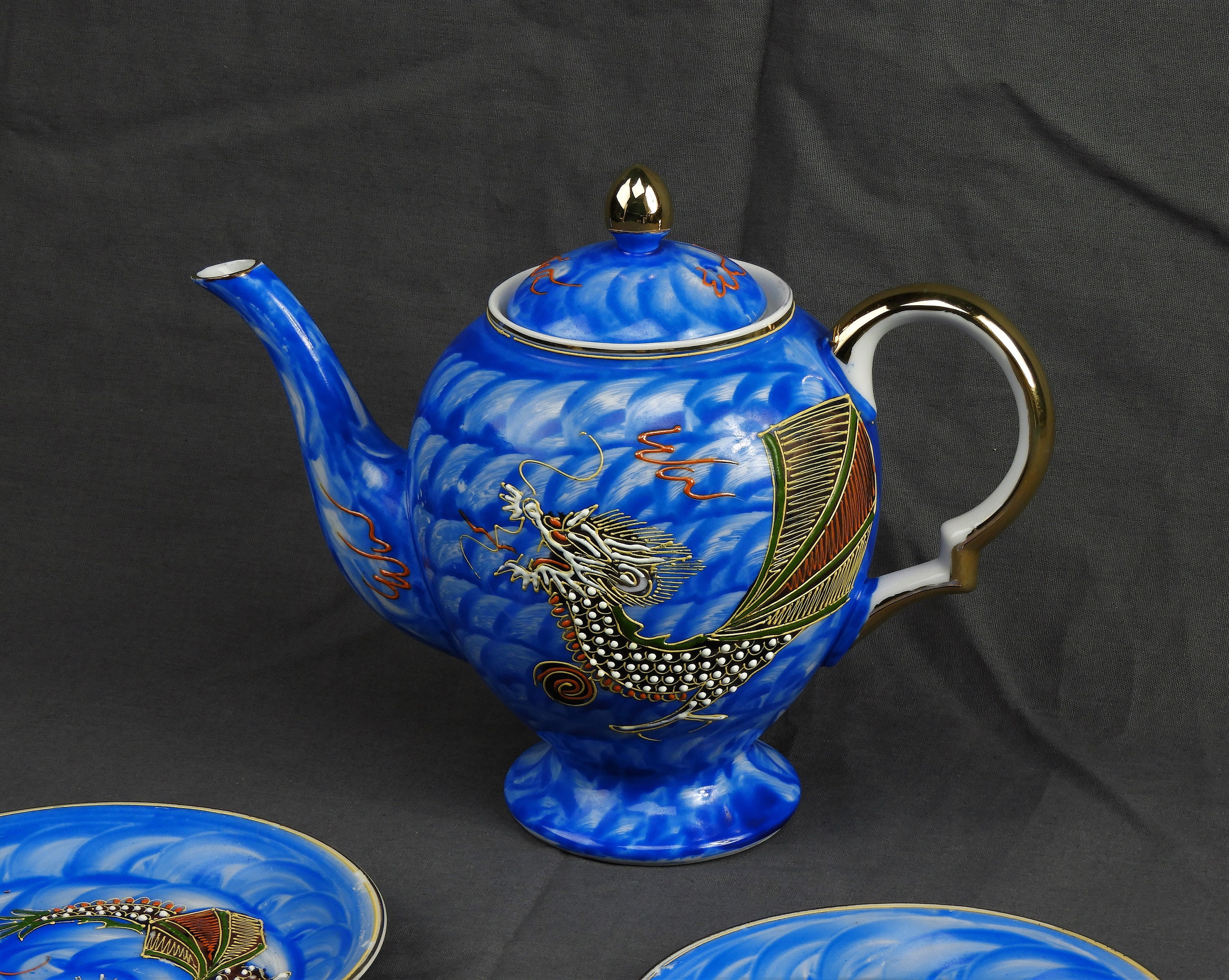 Vintage Asian Teapot & Saucers, Hong Kong China, Oriental Water Dragon