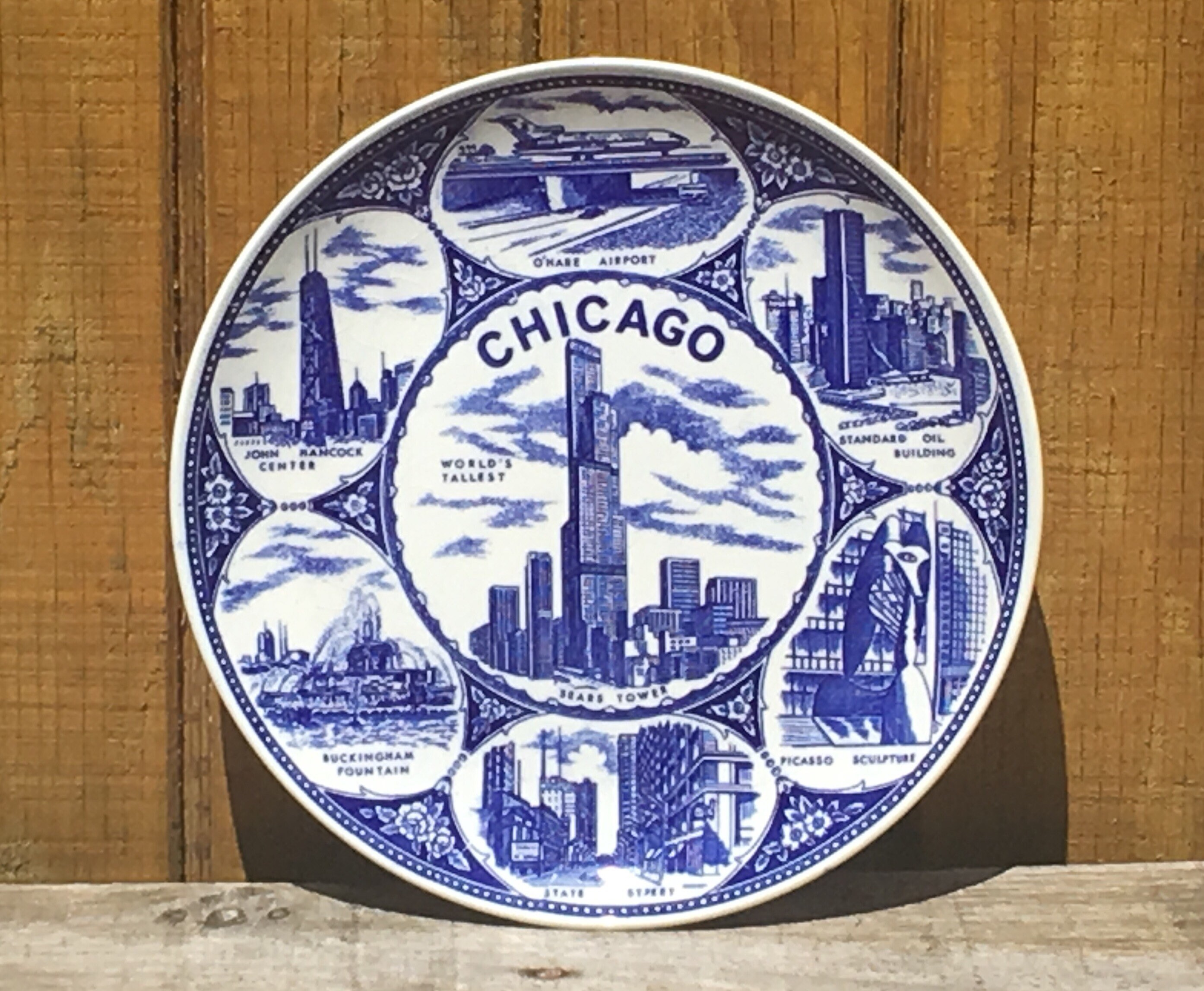 Vintage Chicago Souvenir, Blue & White Landmarks Plate, Ceramic Sears Tower Collectible, Round