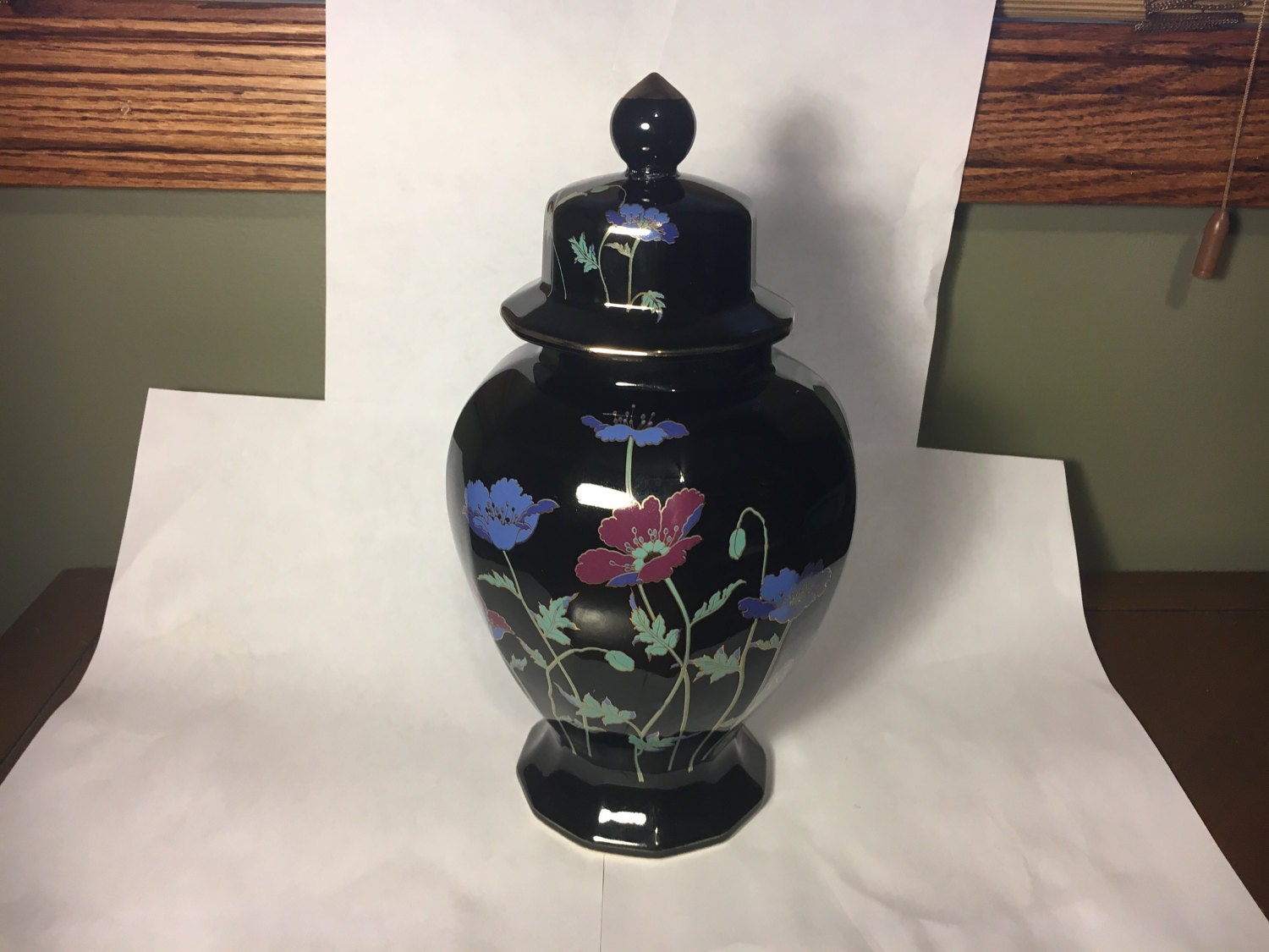 Vintage Oriental Urn, Collectible Black Floral Porcelain Canister, Red