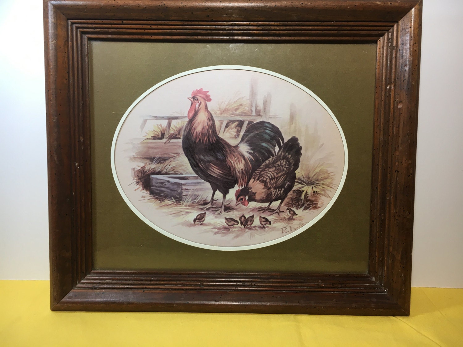 Vintage Tc Morris Rooster Hen Picture Framed Brown 1