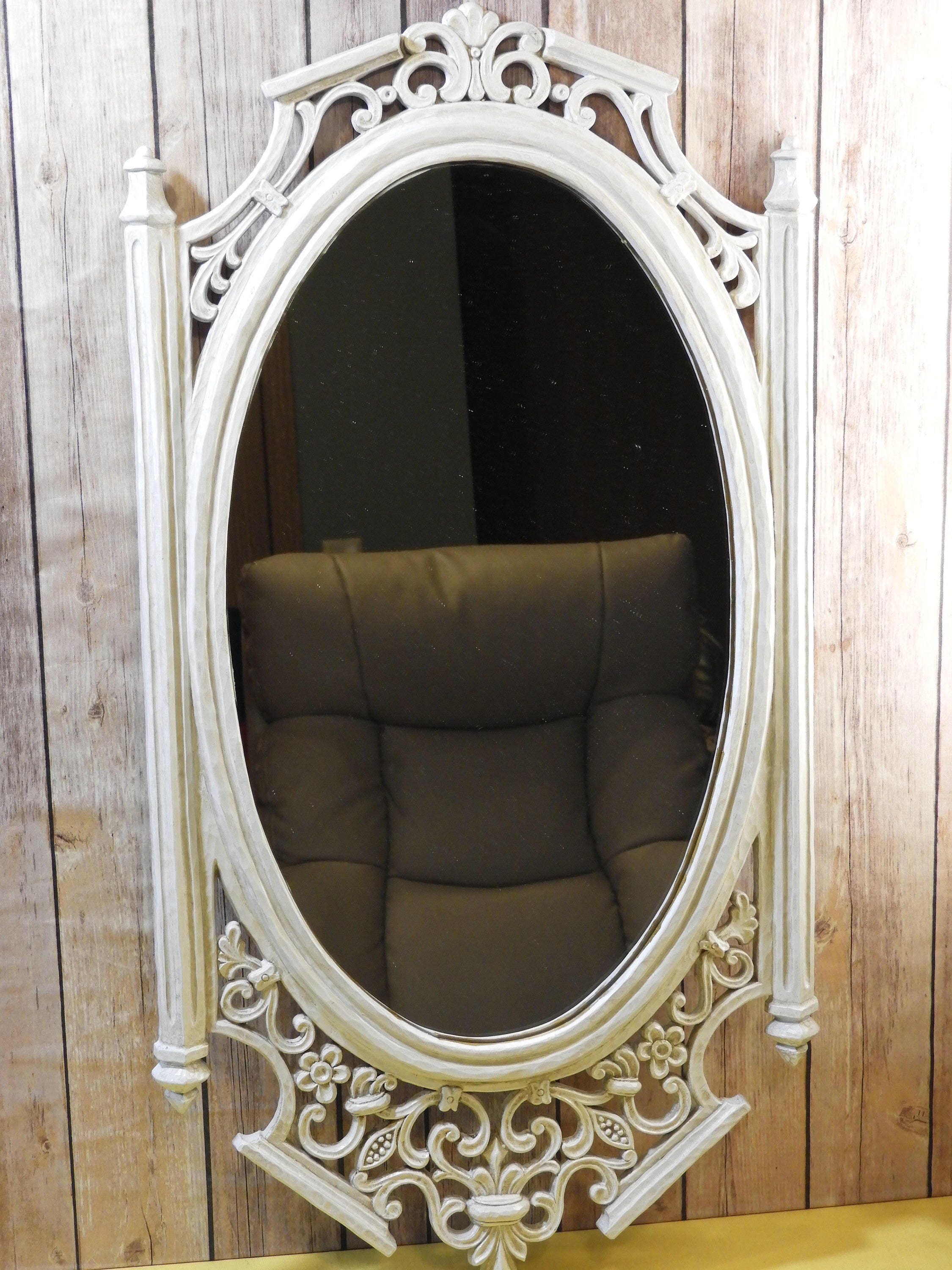 Vintage Antiqued White Wall Mirror, Decorative Syroco Wall Hanging