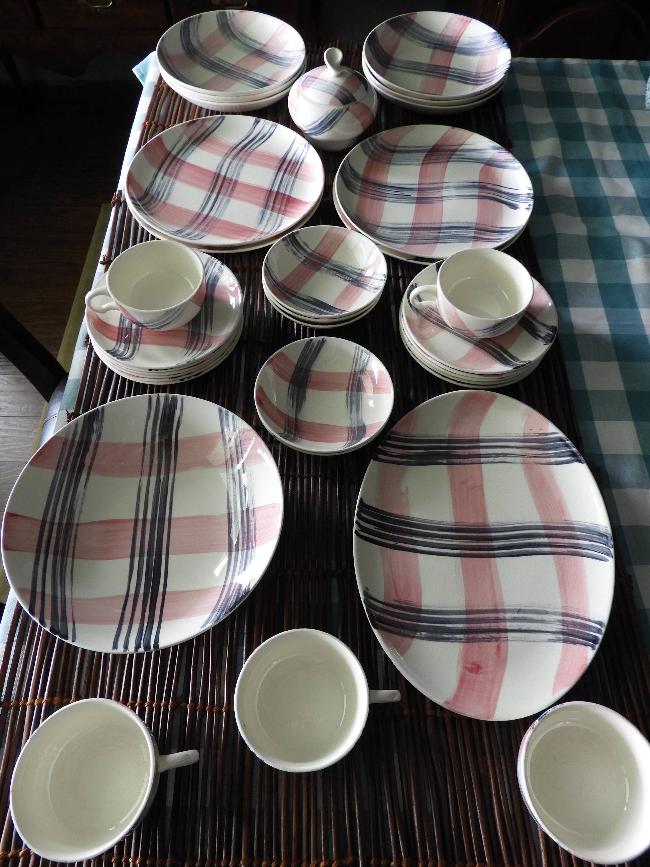 Vintage Blair Dinnerware, Woven Gray and Red Dinnerware Set (36 Pcs
