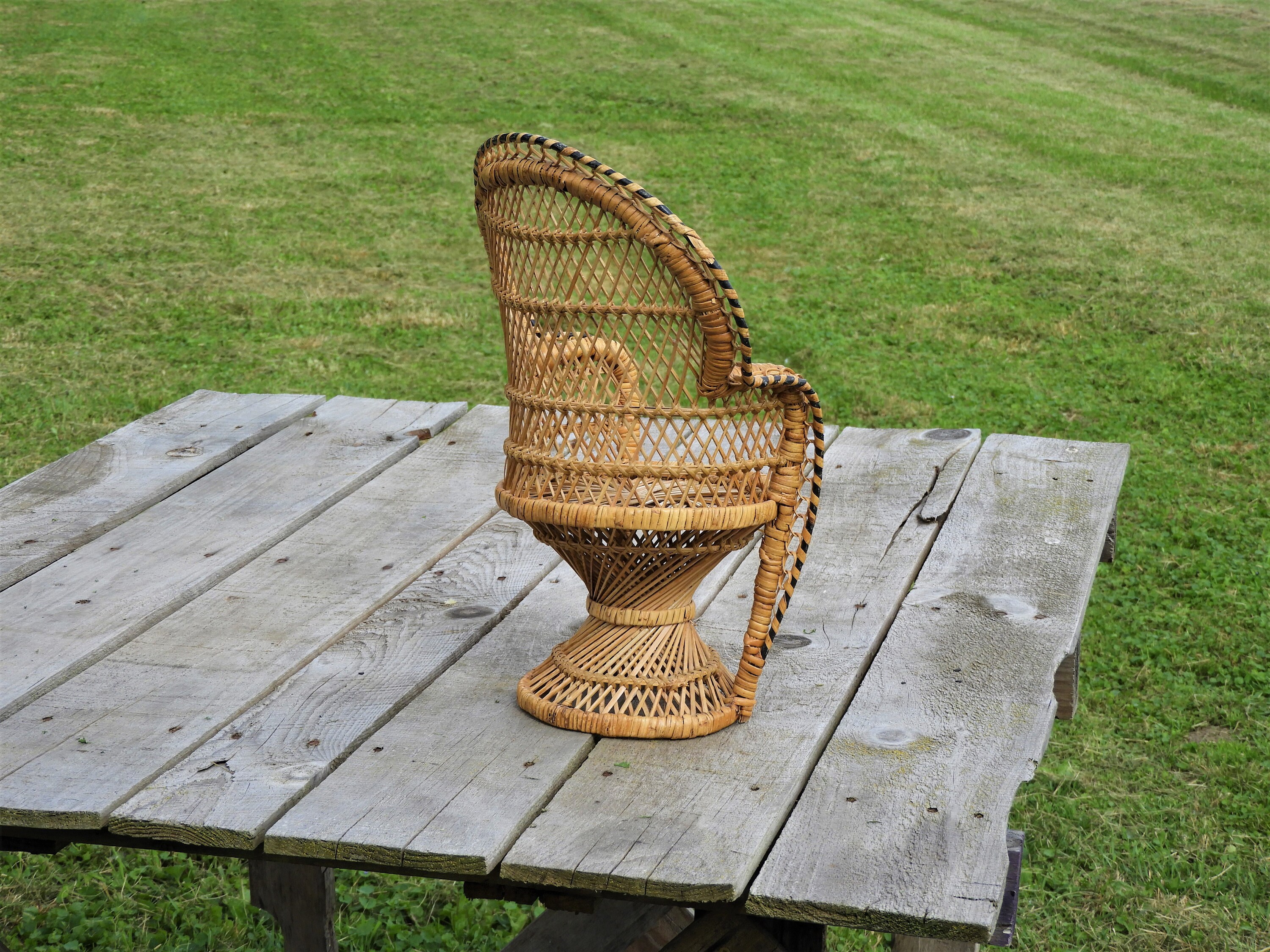 Vintage Rattan Doll Chair, 16 High Back Wood Seat, Decorative Woven Toy
