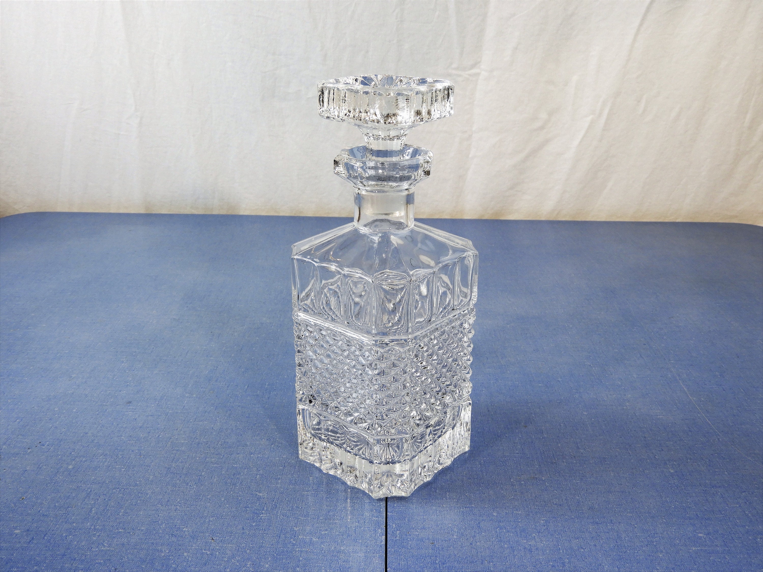 Vintage Cut Glass Decanter, Clear Crystal Bottle, Diamond Hobnail