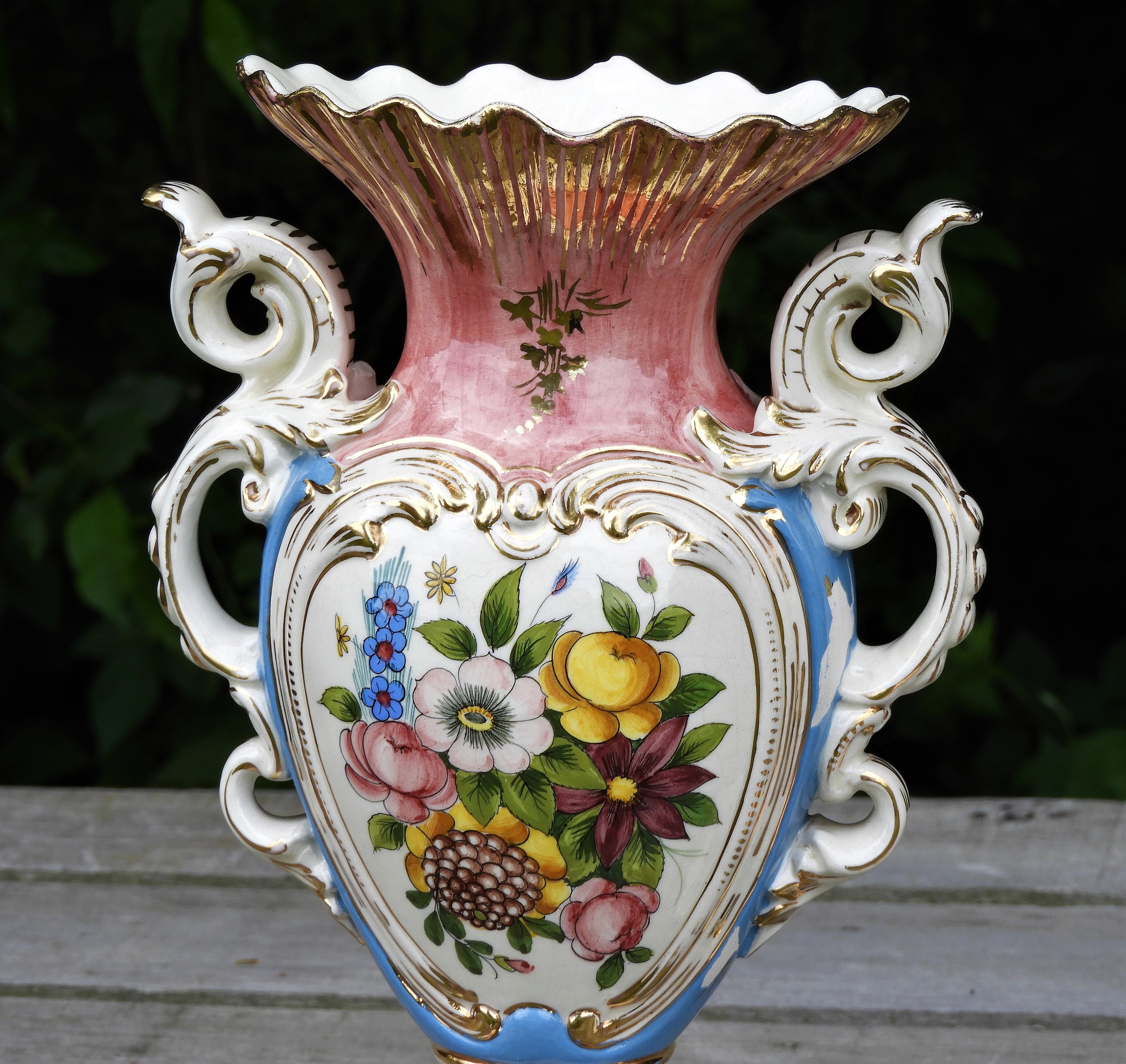 Vintage Italian Vases (2), Victorian Rococo, Aged Porcelain, Gold Gilt