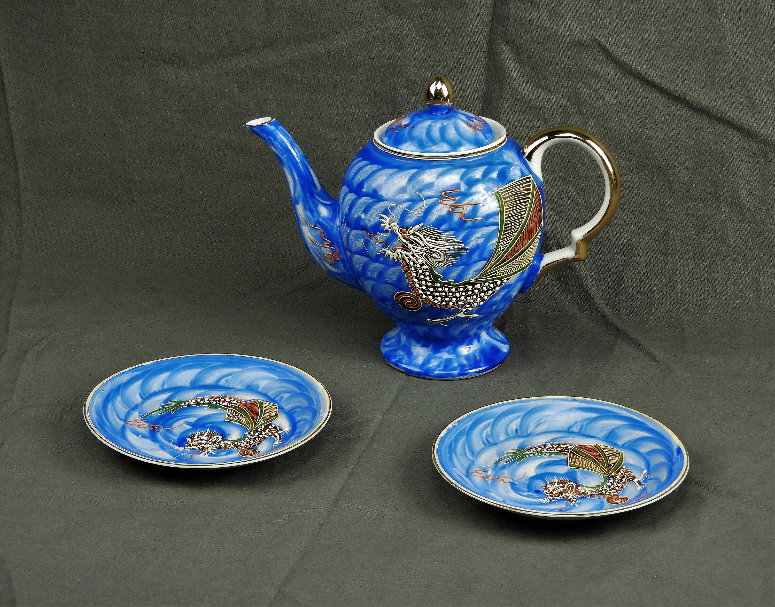 Vintage Asian Teapot & Saucers, Hong Kong China, Oriental Water Dragon
