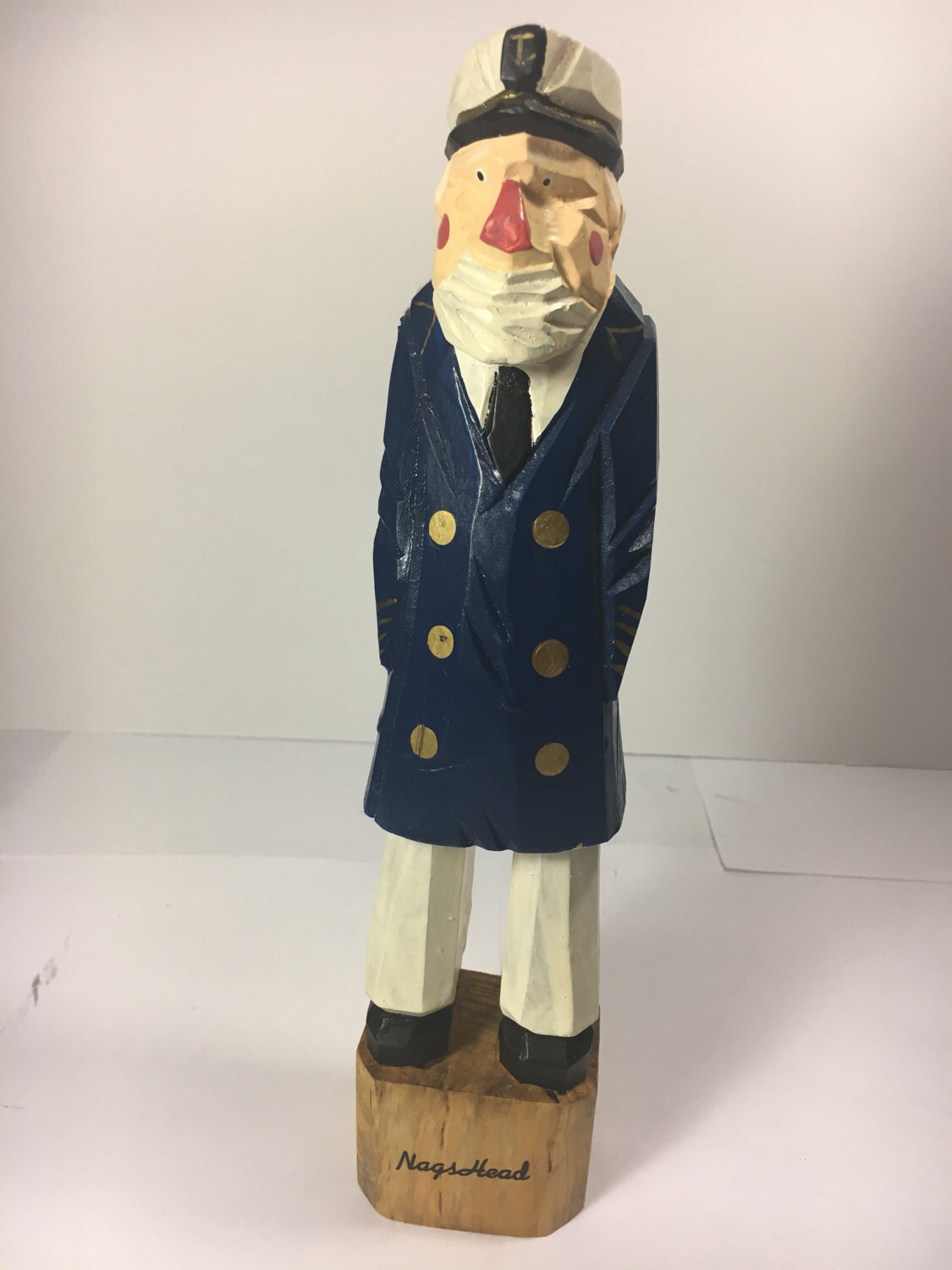 Vintage Carved Sea Captain Navy Carved Wood Figurine Navy Blue Rain Coat Nags Head on Base 10