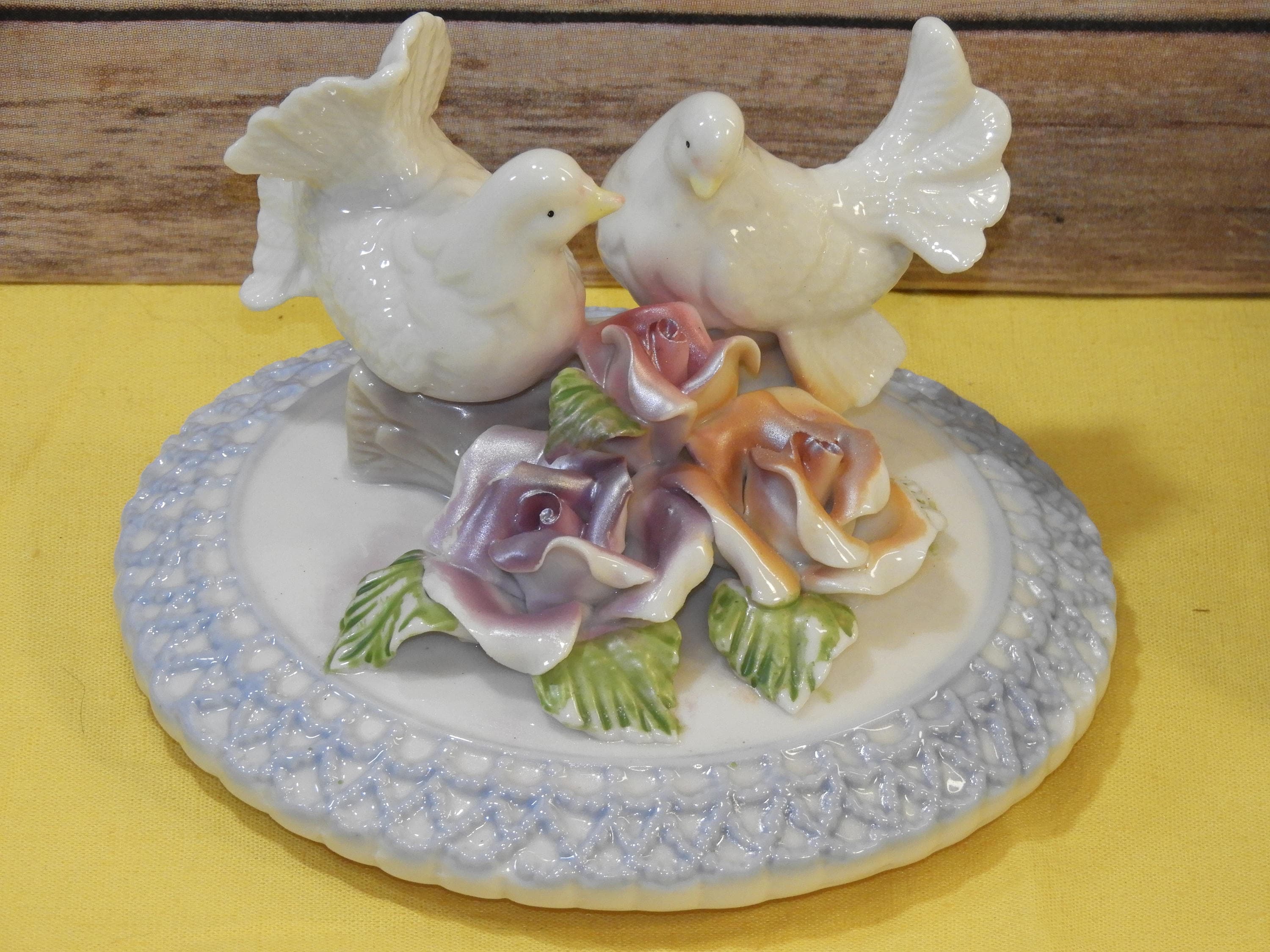 Vintage Trinket Dish, Decorative Porcelain Bowl & Lid, Hen and Rose Petal Vine Decor,White