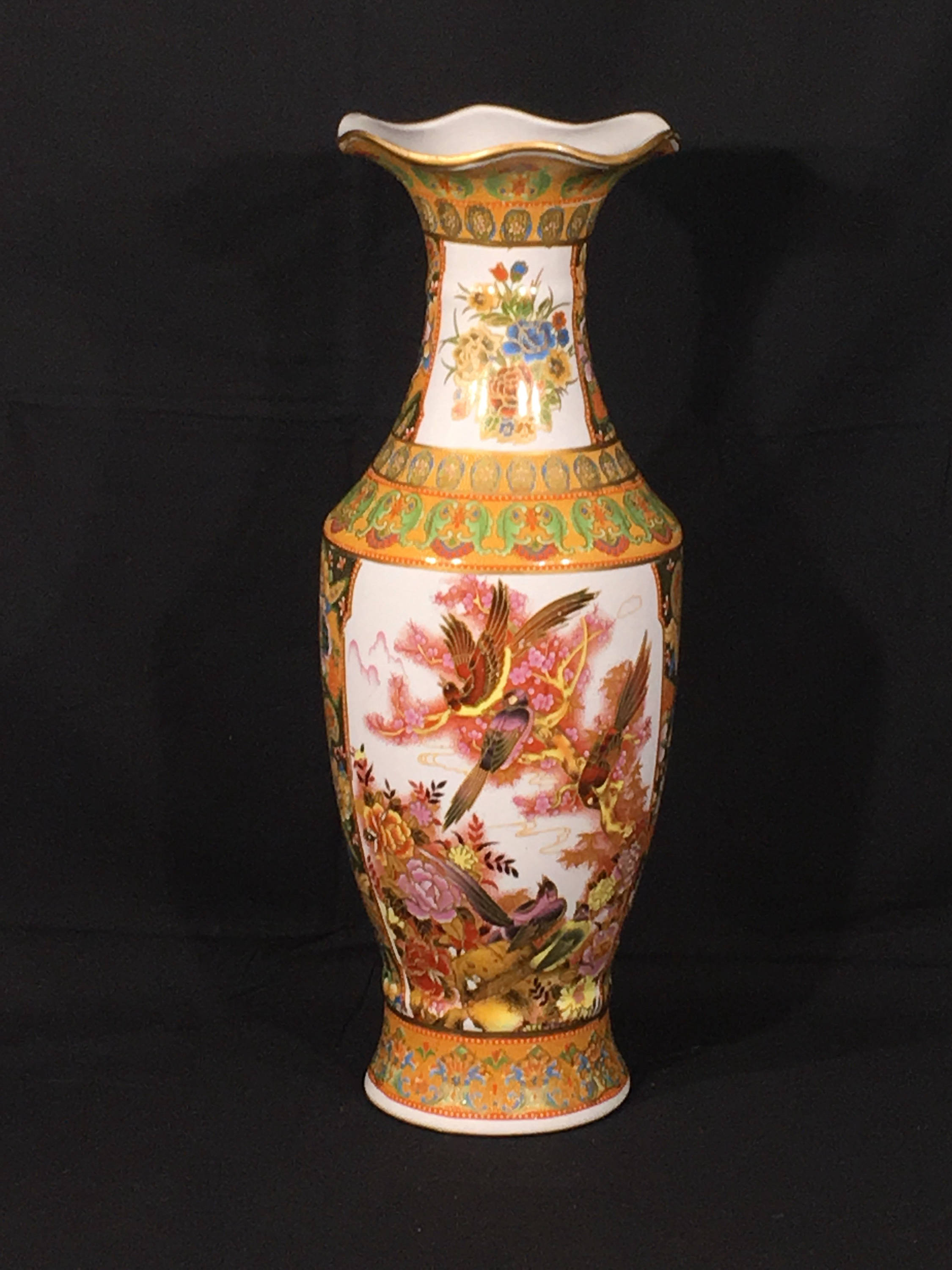 Vintage Oriental Pheasant Vase, Decorative Red Gold Purple Orange Vase, Ceramic Entryway Vase