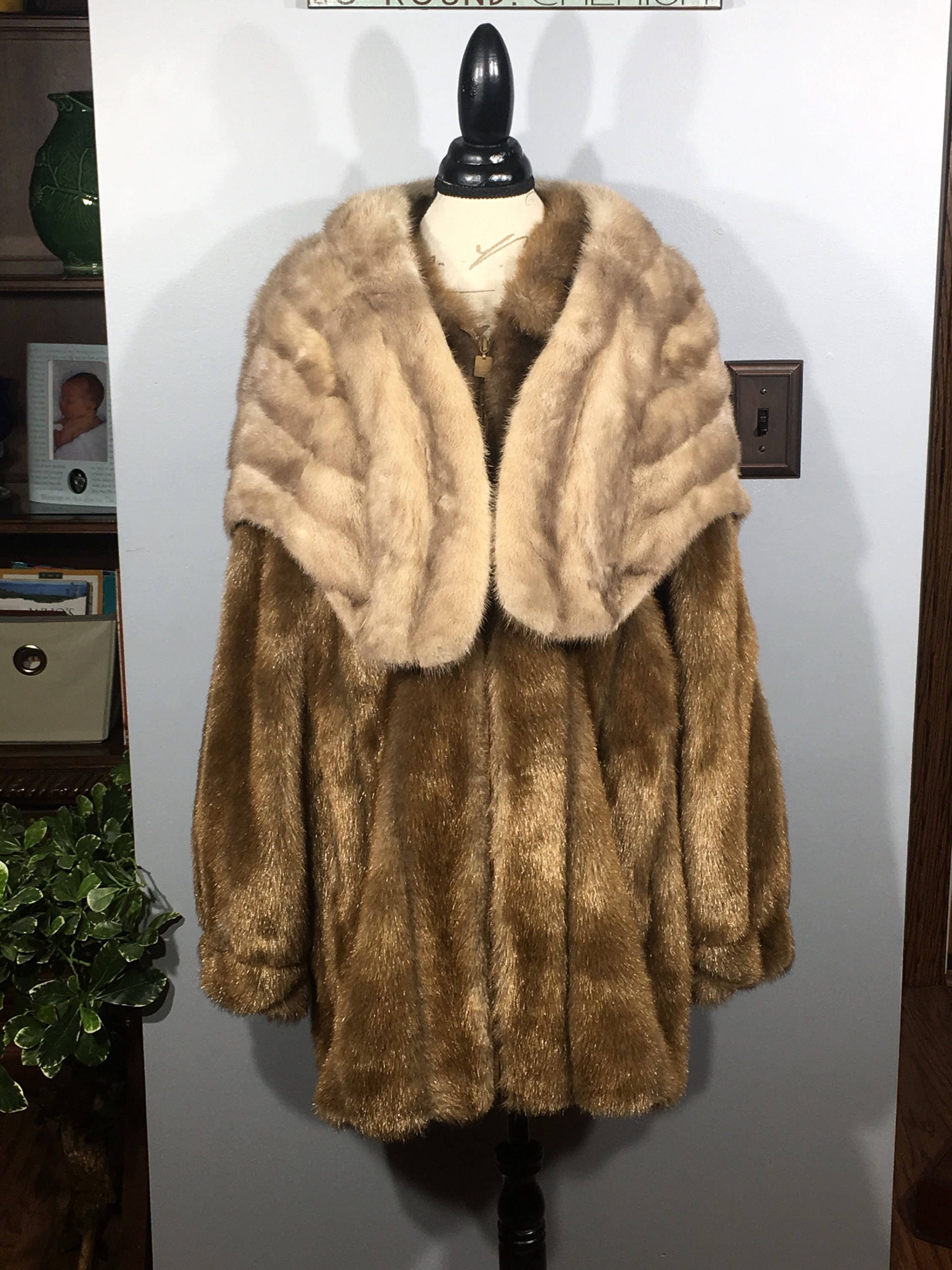 Vintage Dennis Basso Coat, Brown Fur Coat, Modacrylic Coat & Fur Hood ...