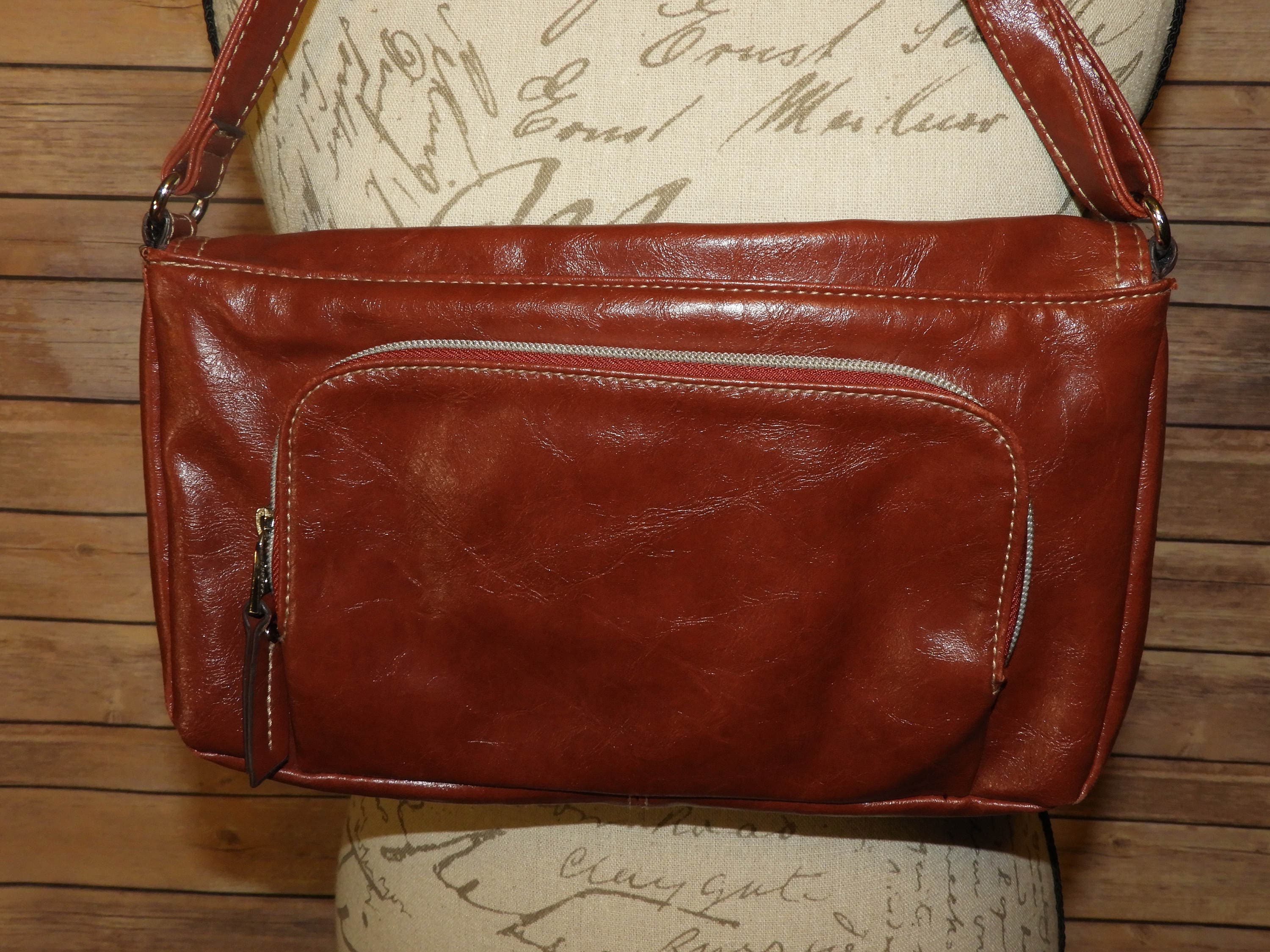 Vintage Relic Crossbody Handbag, Red Leather Look Relic Flap Over