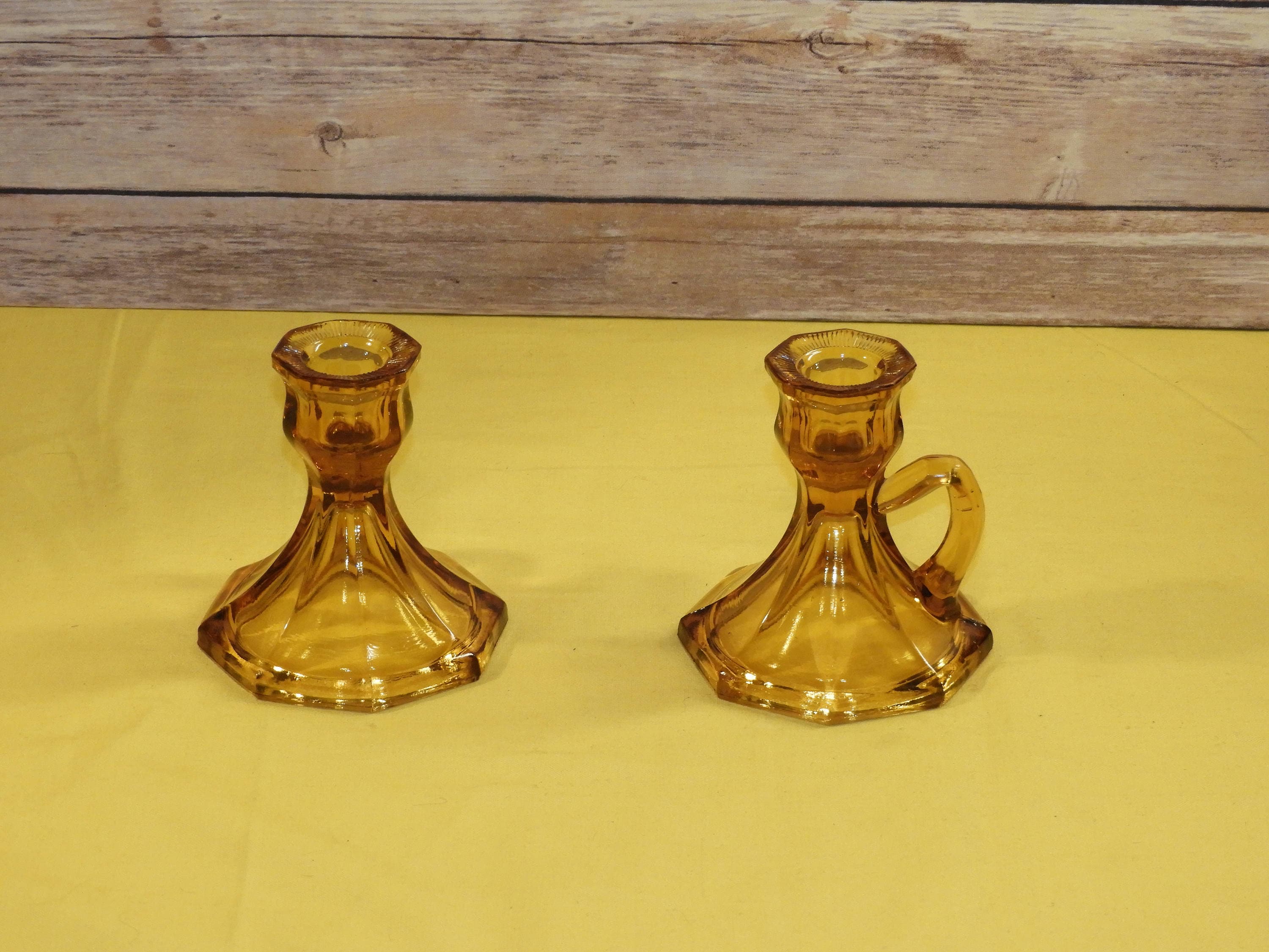 Vintage Amber Glass Chamber Candle Holder, Glass Candle Stick Holder