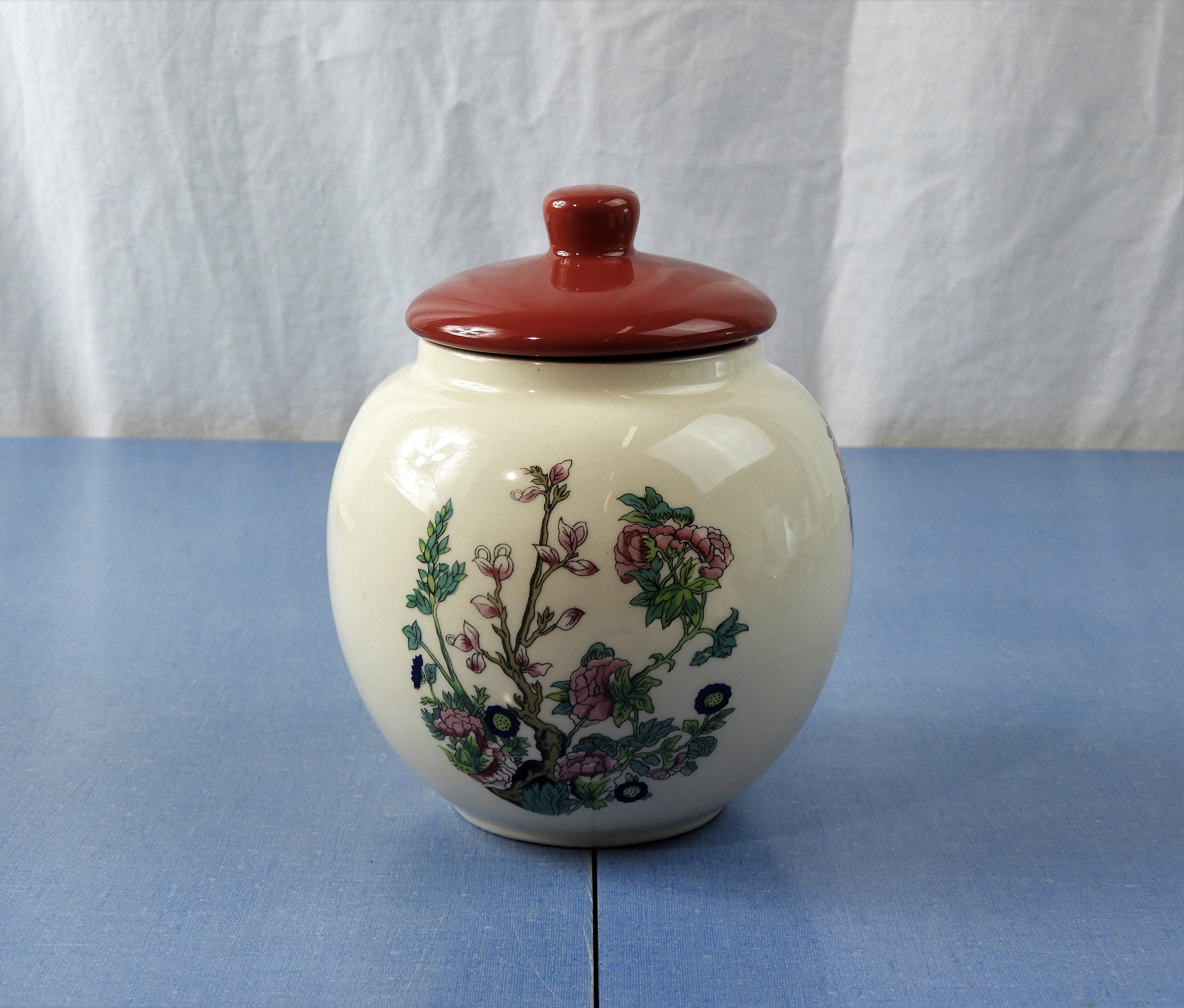 Vintage Sadler England Jar, White & Red Tea Caddy, Porcelain Storage