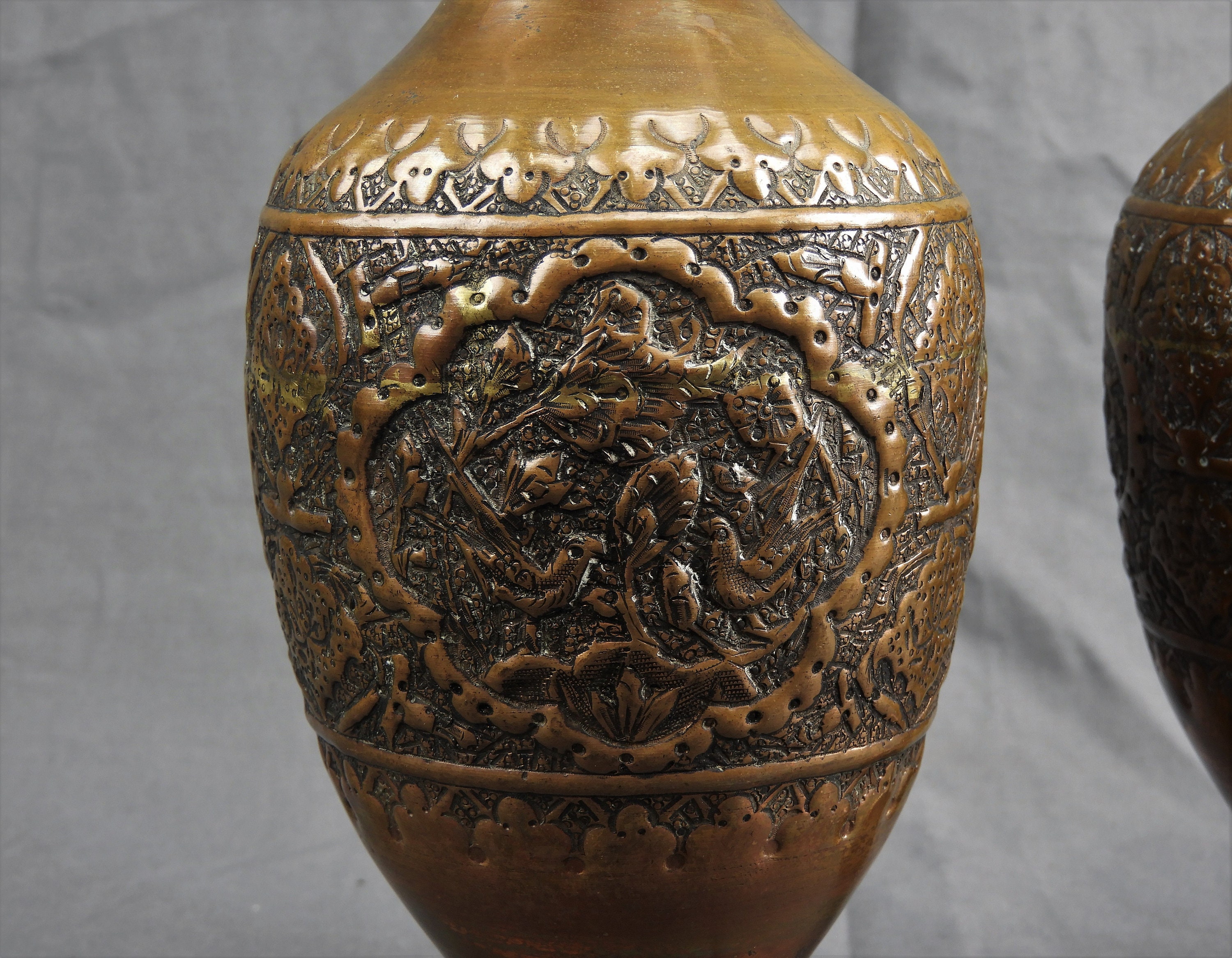 Antique Copper Vases, Persian Huma Bird, Embossed Vase, Ornate Urn Shape, Birds of Paradise