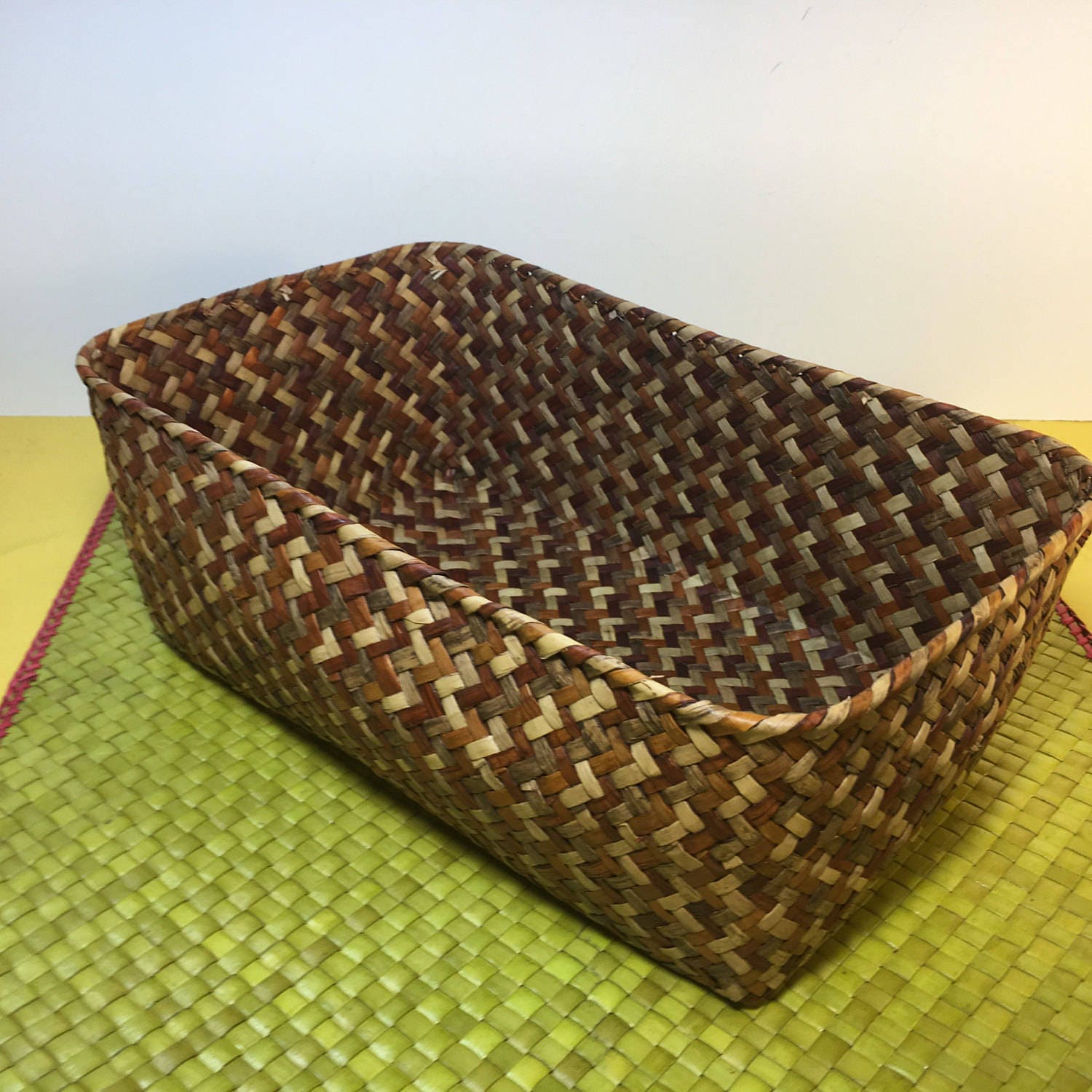 Vintage Tight Woven Basket, Brown Wood Weave X Pattern Vanity Storage Basket, Dresser Basket