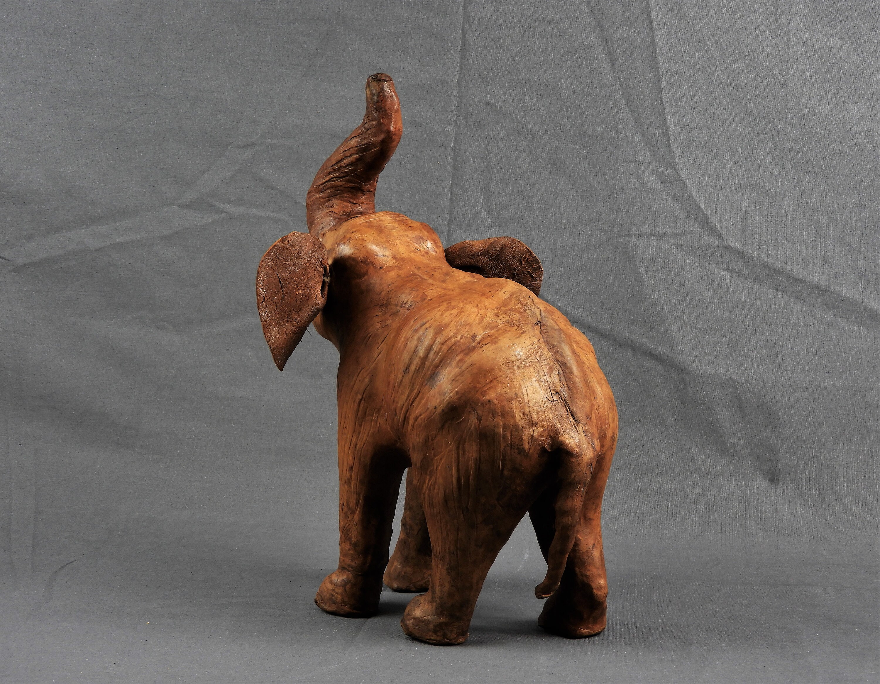 Vintage Leather Elephant, Brown Statue, Glass Eyes, African Wildlife