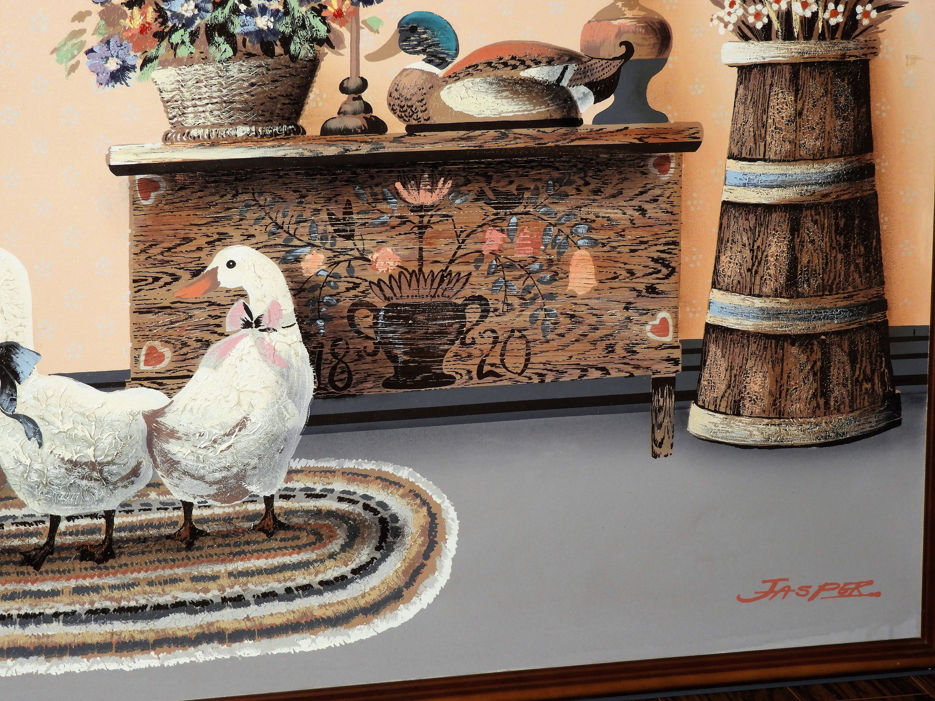 Vintage Country Geese Oil Painting, Signed Oil On Canvas Wall Art