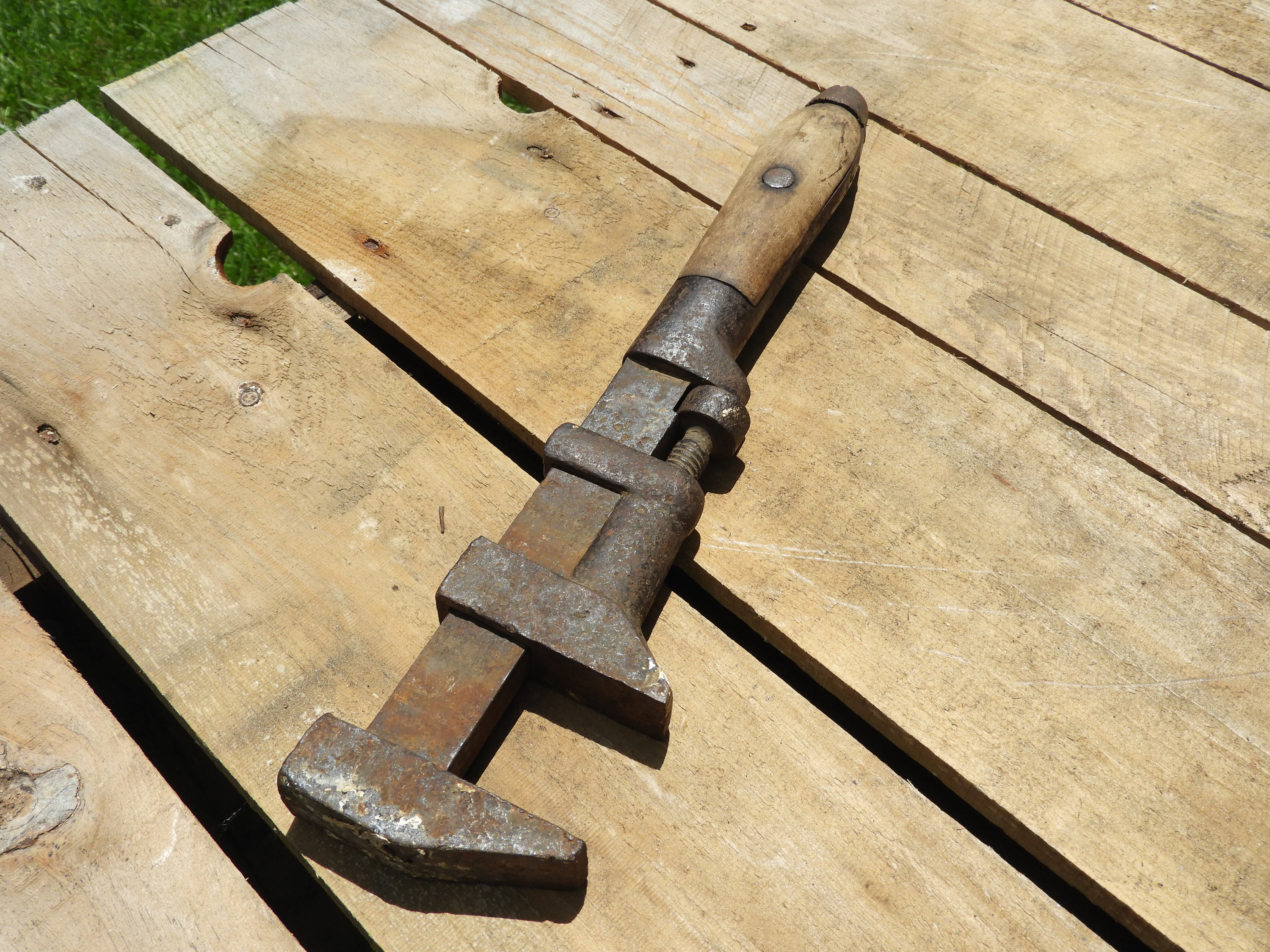 Antique Pipe Wrench, Decorative Wood Handle Monkey Wrench, Rare
