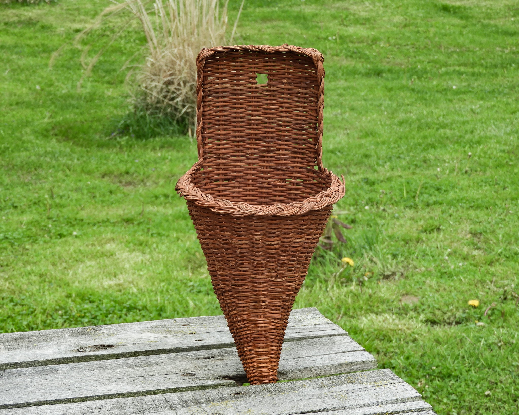 Vintage Cone Basket, Wall Hanging, Reddish Brown, Pilgrim Vase, Woven