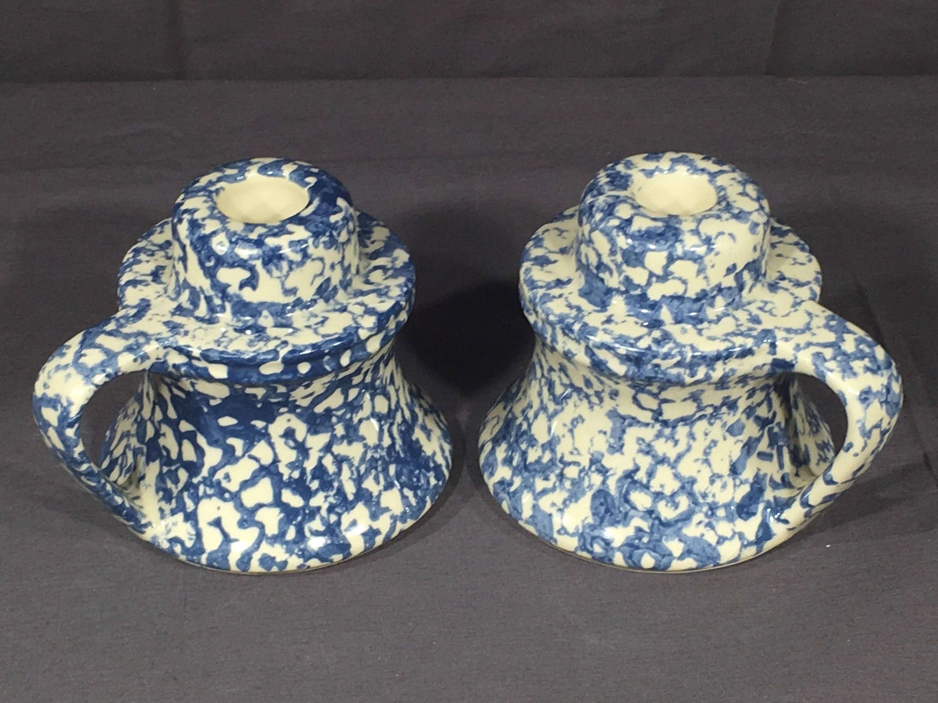 Vintage Sponge Ware Candle Holders (2), Decorative Blue White Chamber