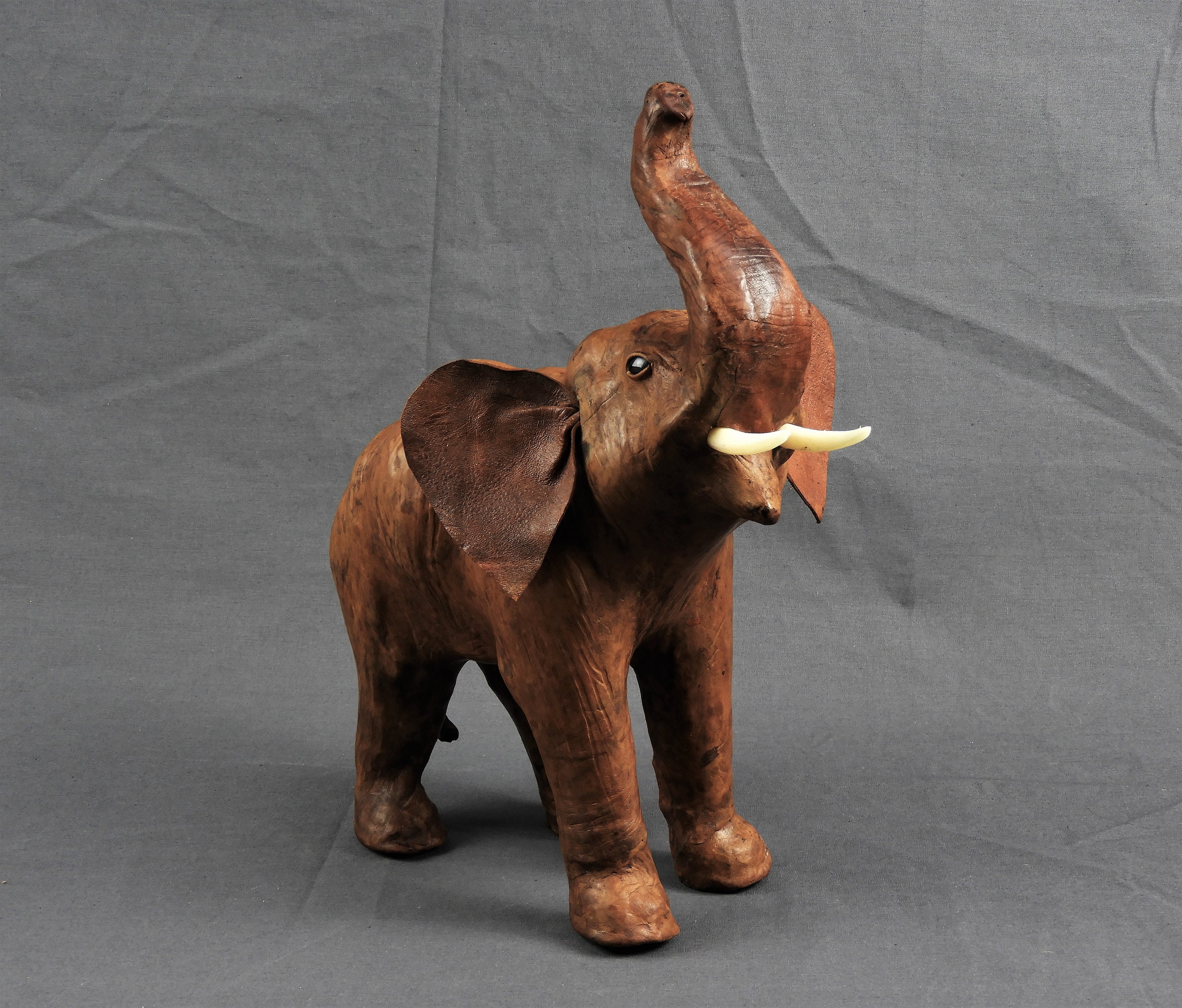 Vintage Leather Elephant, Brown Statue, Glass Eyes, African Wildlife