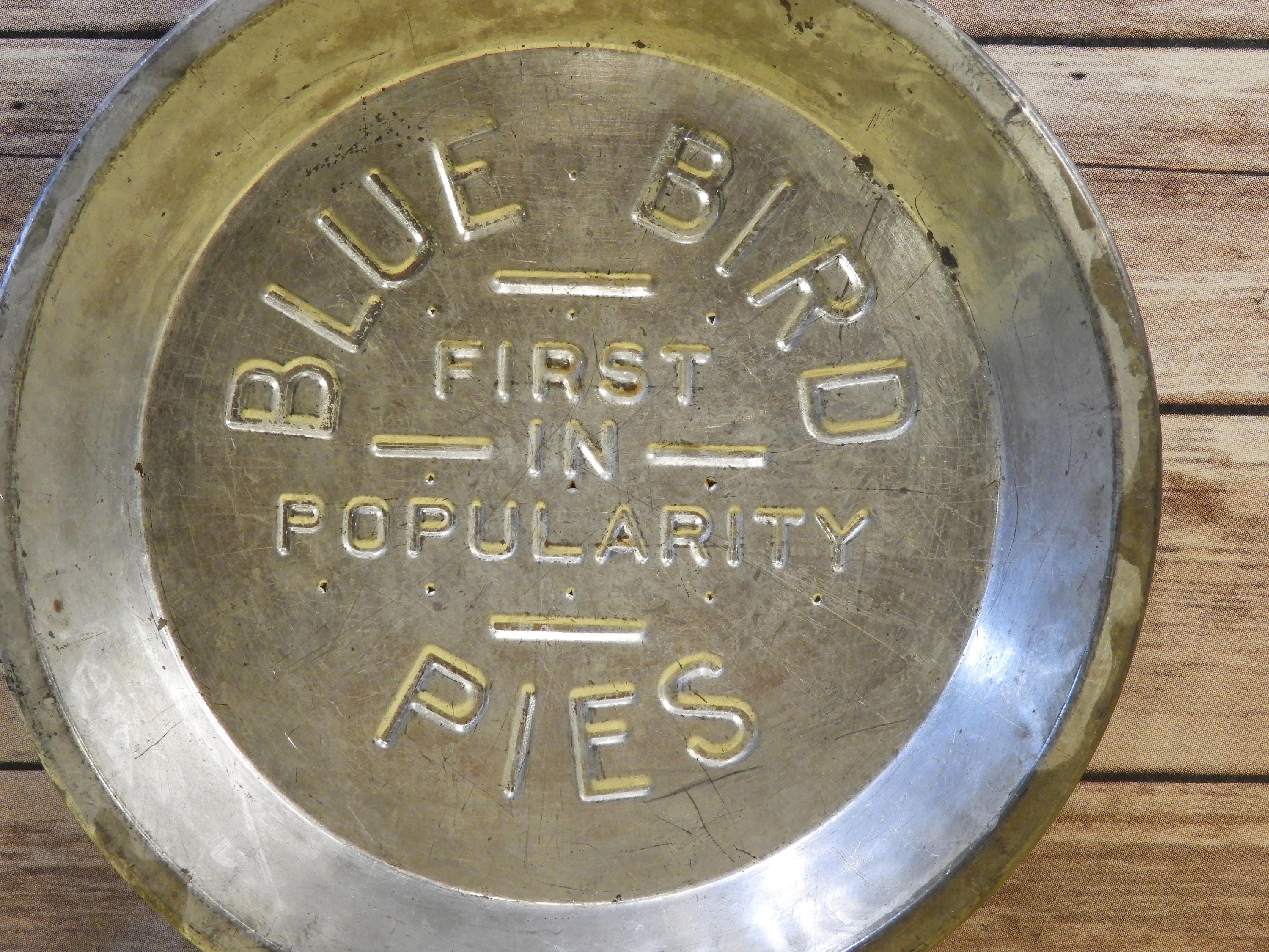 Vintage Blue Bird Pie Tin, Silver Aluminum Pie Plate, Mid Century Decor