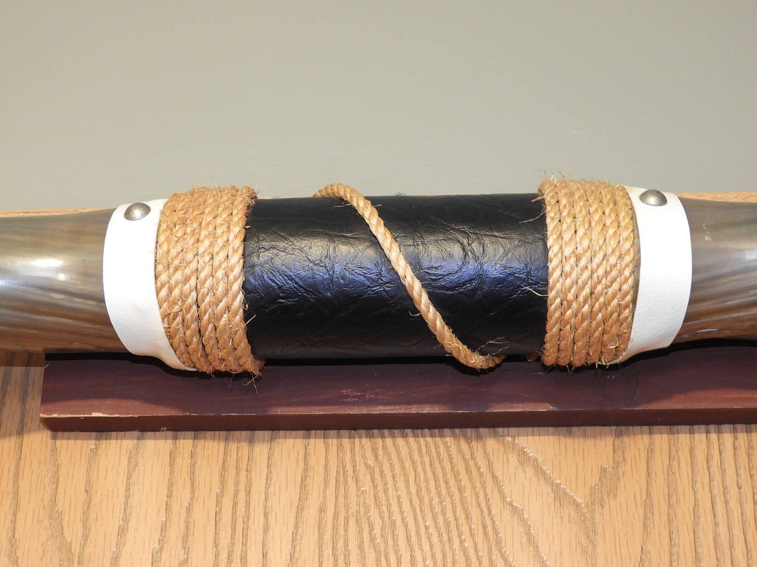 Vintage Bull Horns, Mounted Bull Horns Black Leather Center Accent Rope