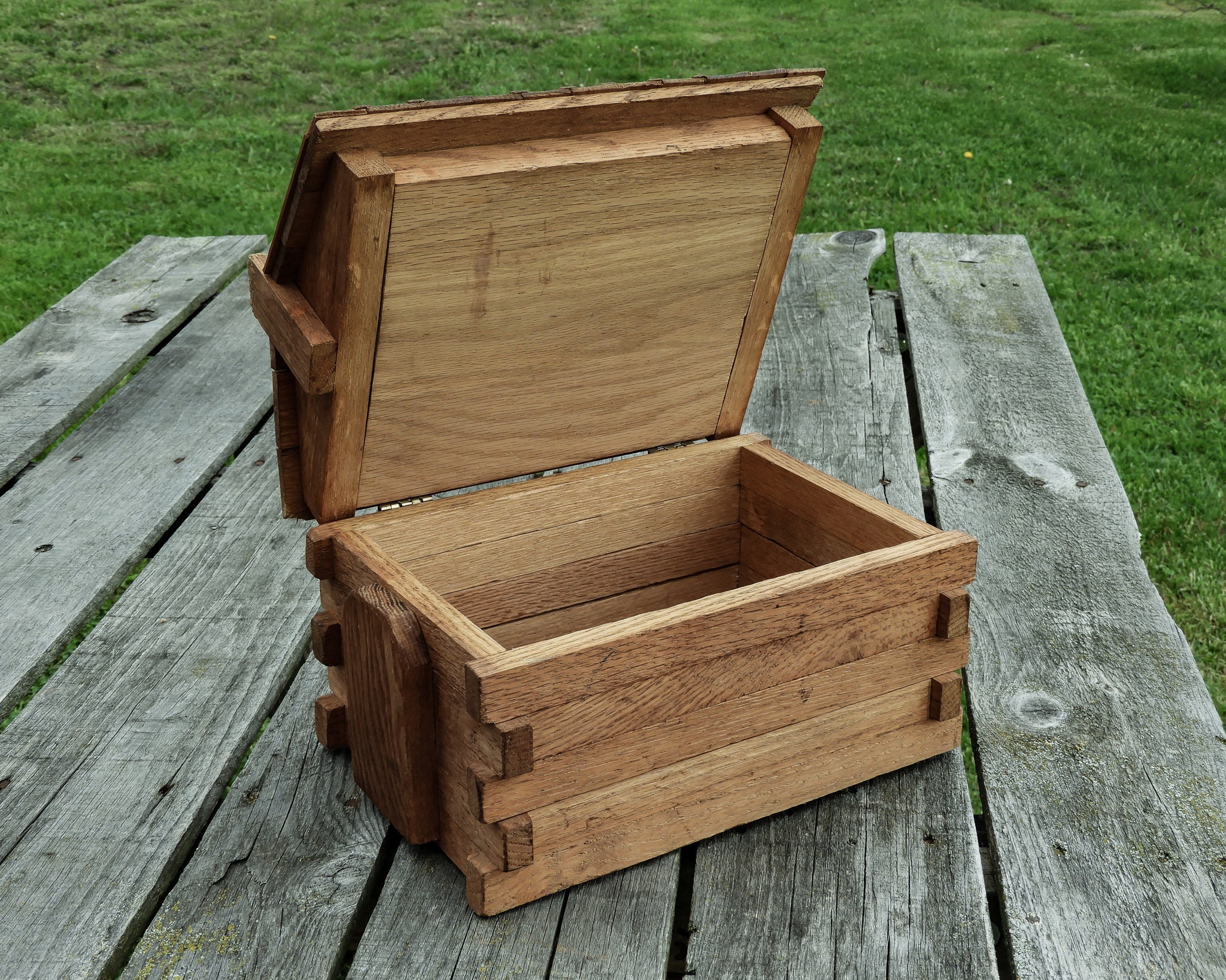 Vintage Wooden Box, Log Cabin, Oak Wood, Hinged Lid, Heavy ...