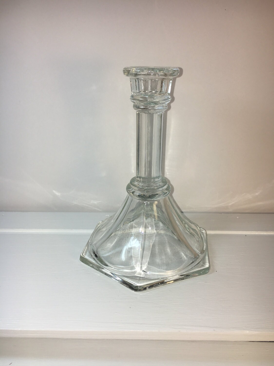 Vintage Elegant Glass Candlestick, Clear Homco Candleholder, Ribbed