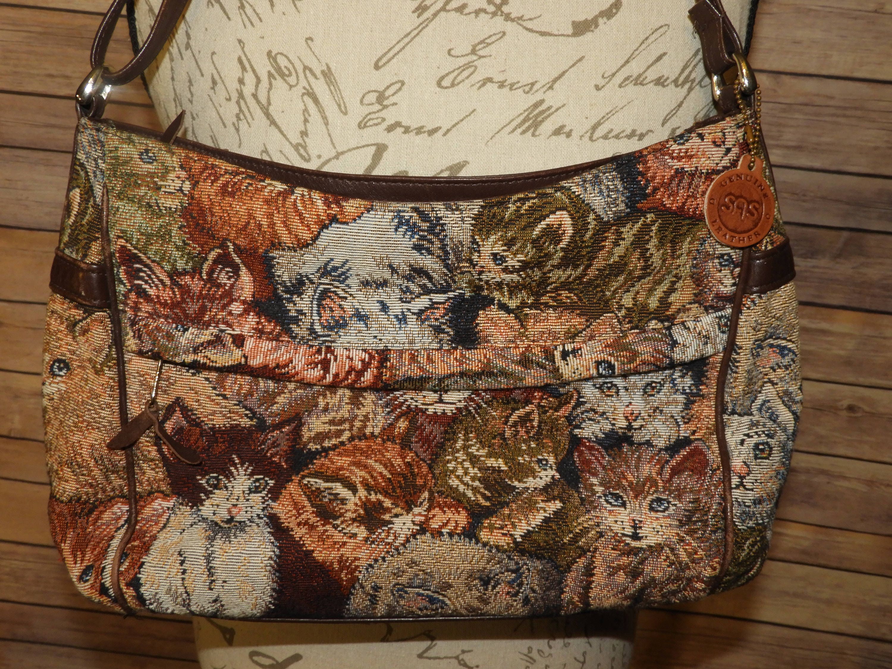 Vintage SAS Cat Theme Tapestry and Genuine Leather Shoulder Bag, Gray