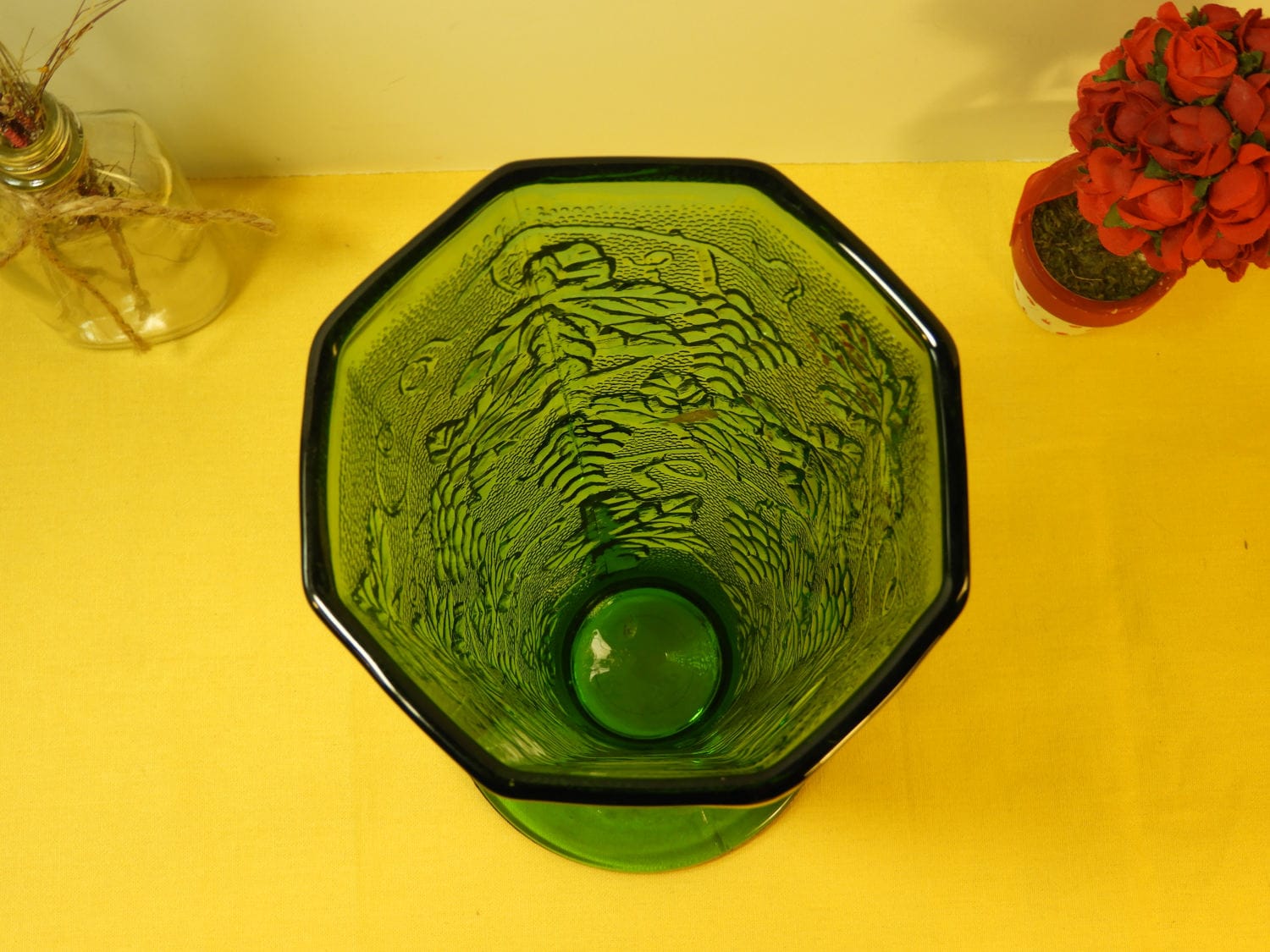 Vintage Green Glass Vase Planter, Grape Vine Vase, Green Floral