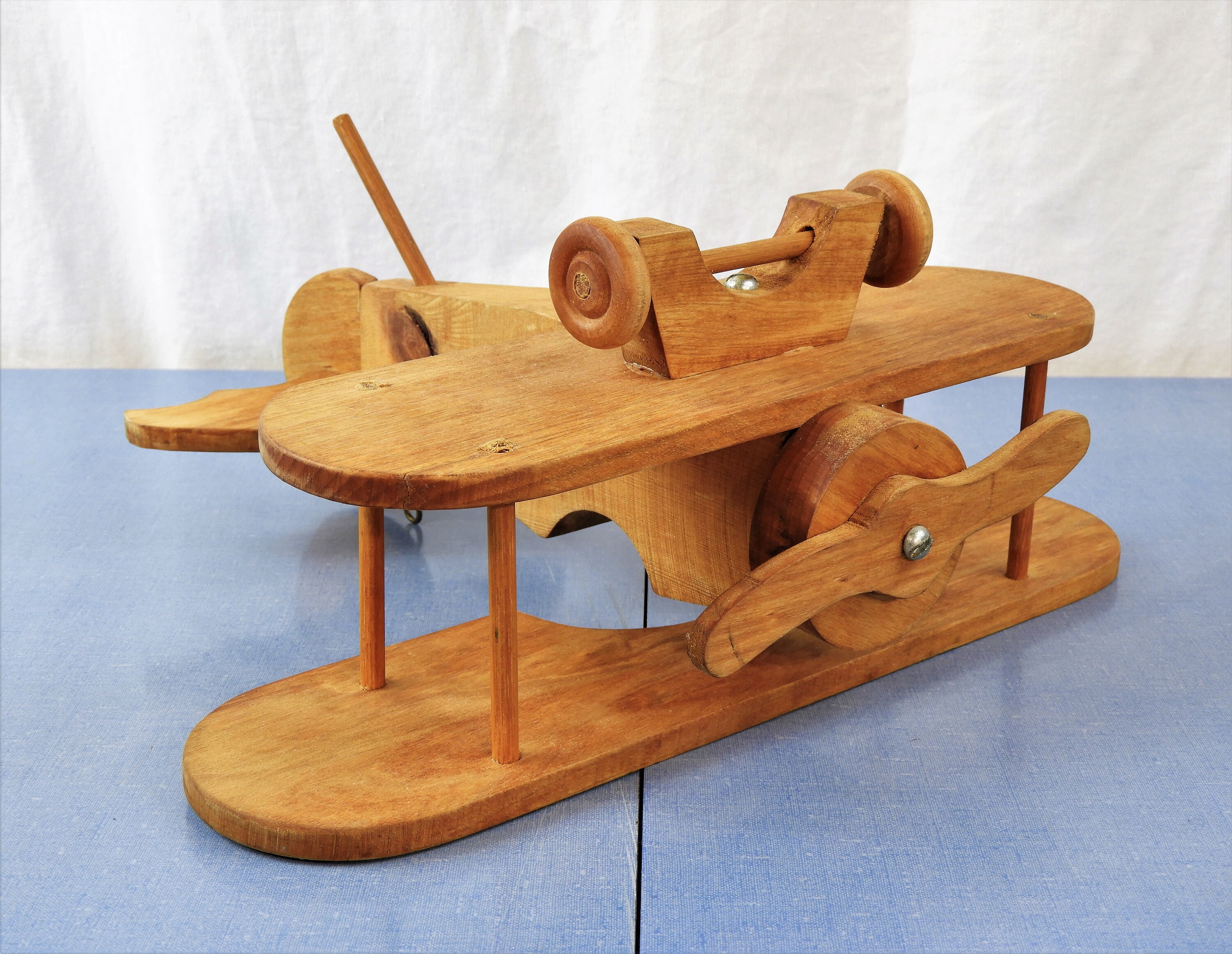 Vintage Wooden Plane, Brown Biplane, Wood Toy, Childrens Room Decor