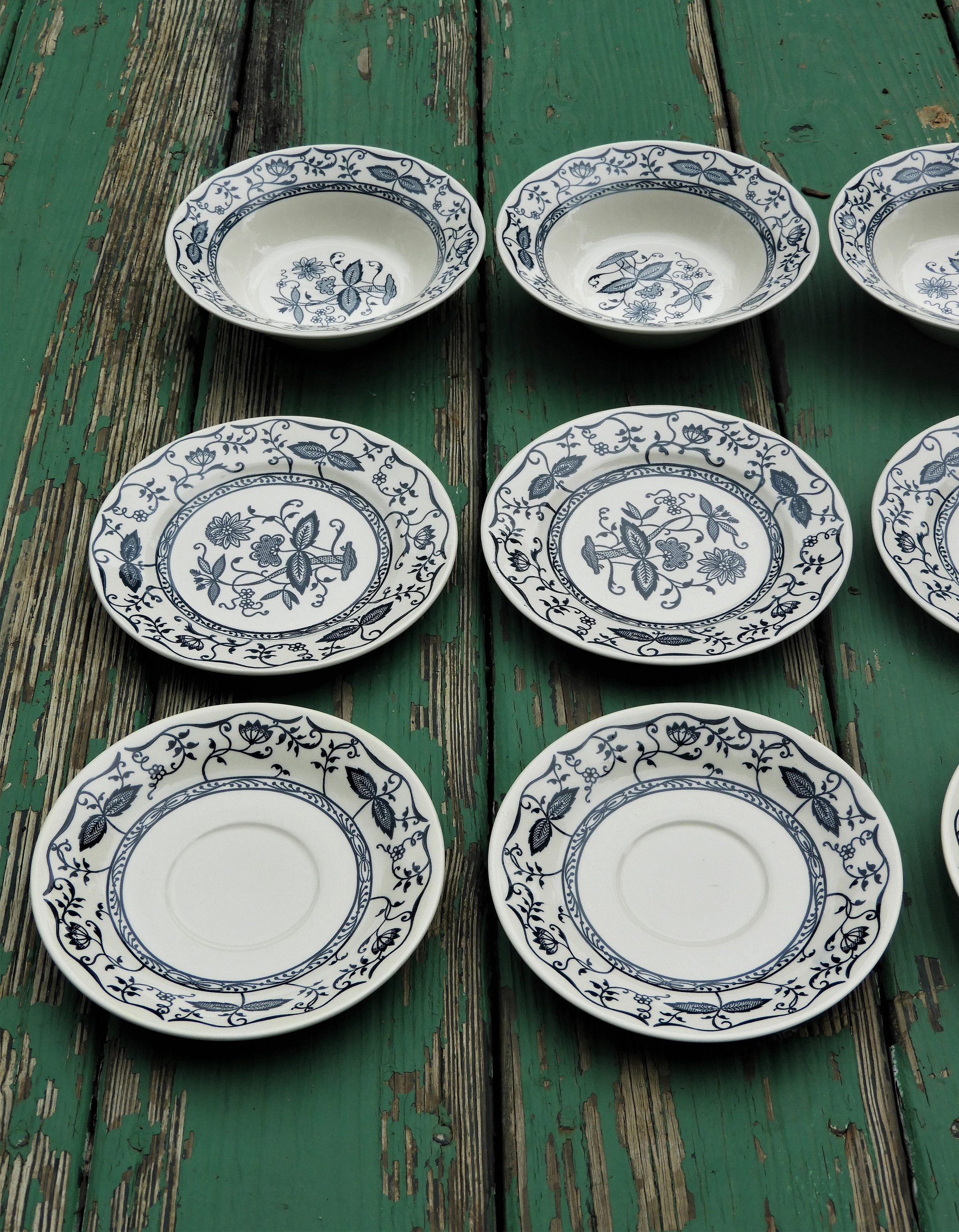 Vintage Blue Onion Dinnerware (12 pcs), Blue White China, Decorative Dishes, Four Pie Plates