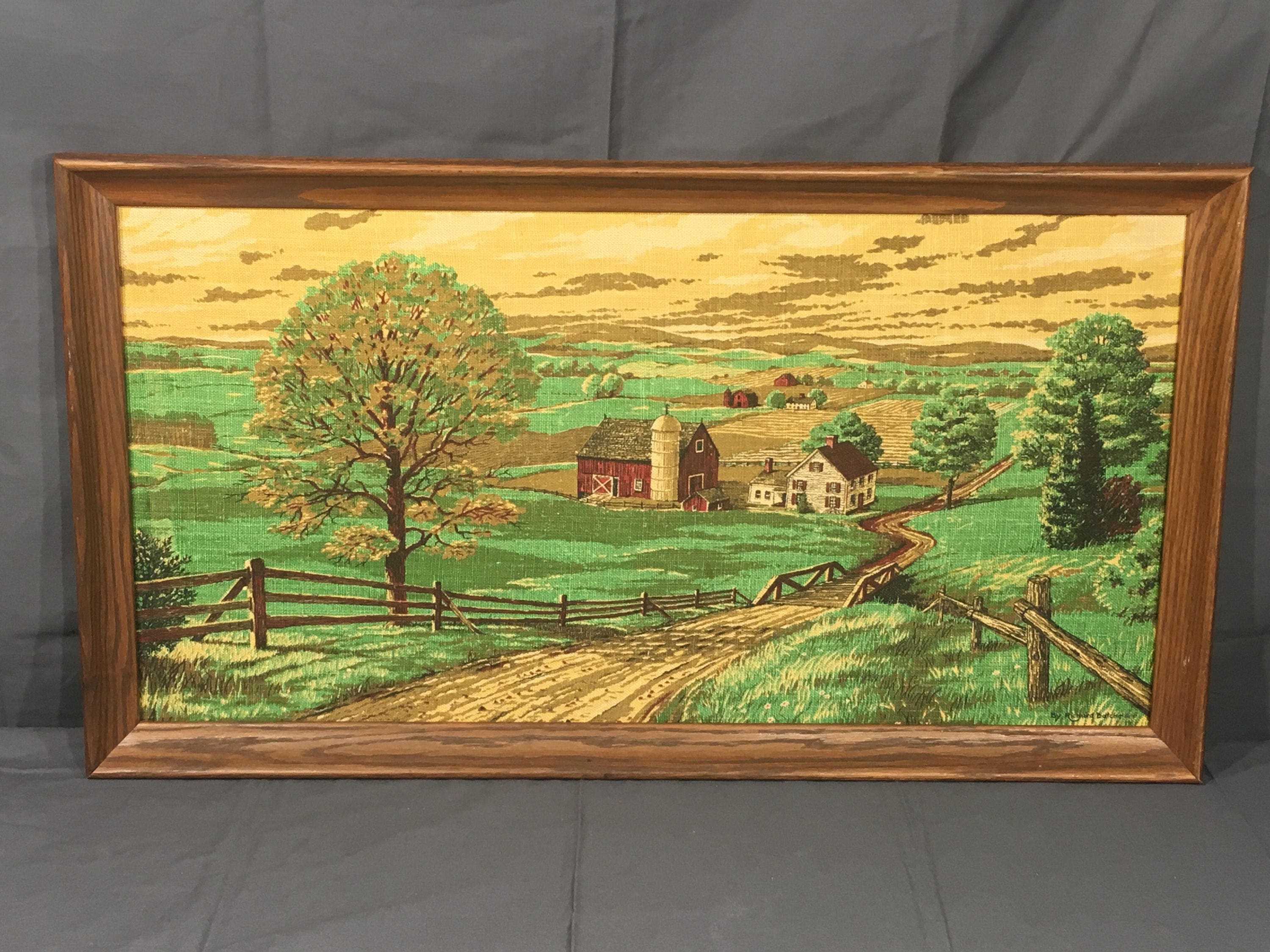 Vintage Farm Print, Richard Batchelder Framed Linen Art, Decorative