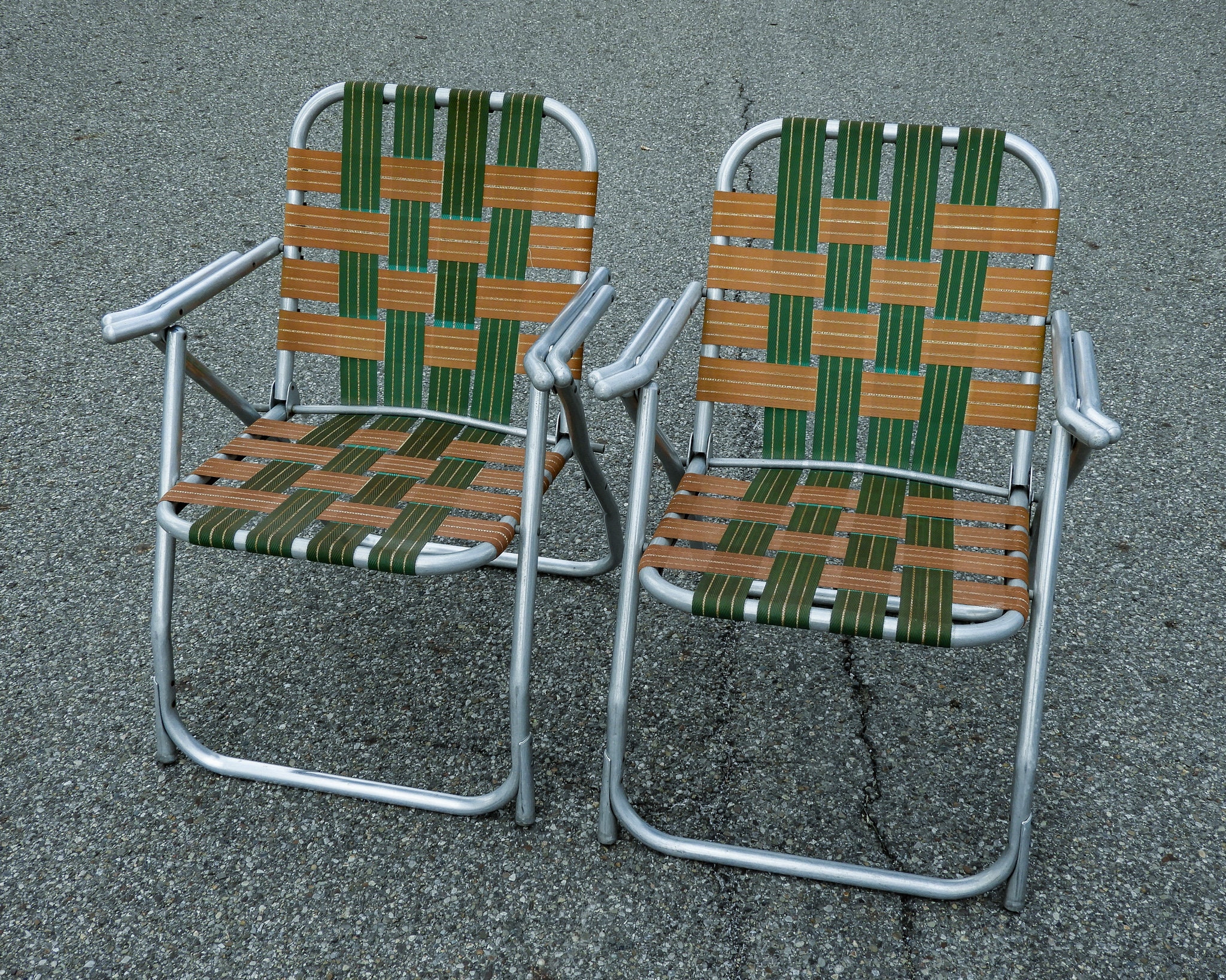 Vintage Lawn Chairs (2), Green & Gold, Tubed Aluminum, Metal Frame