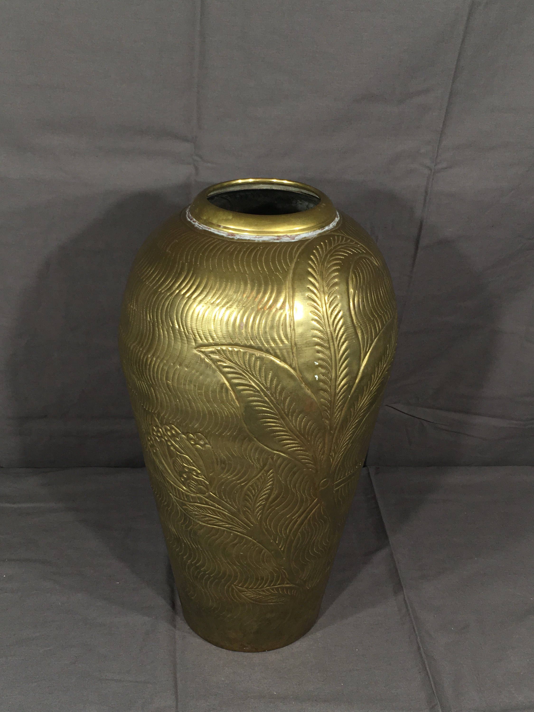 Vintage Brass Floor Vase, Engraved Metal Vase, Decorative Gold Vase