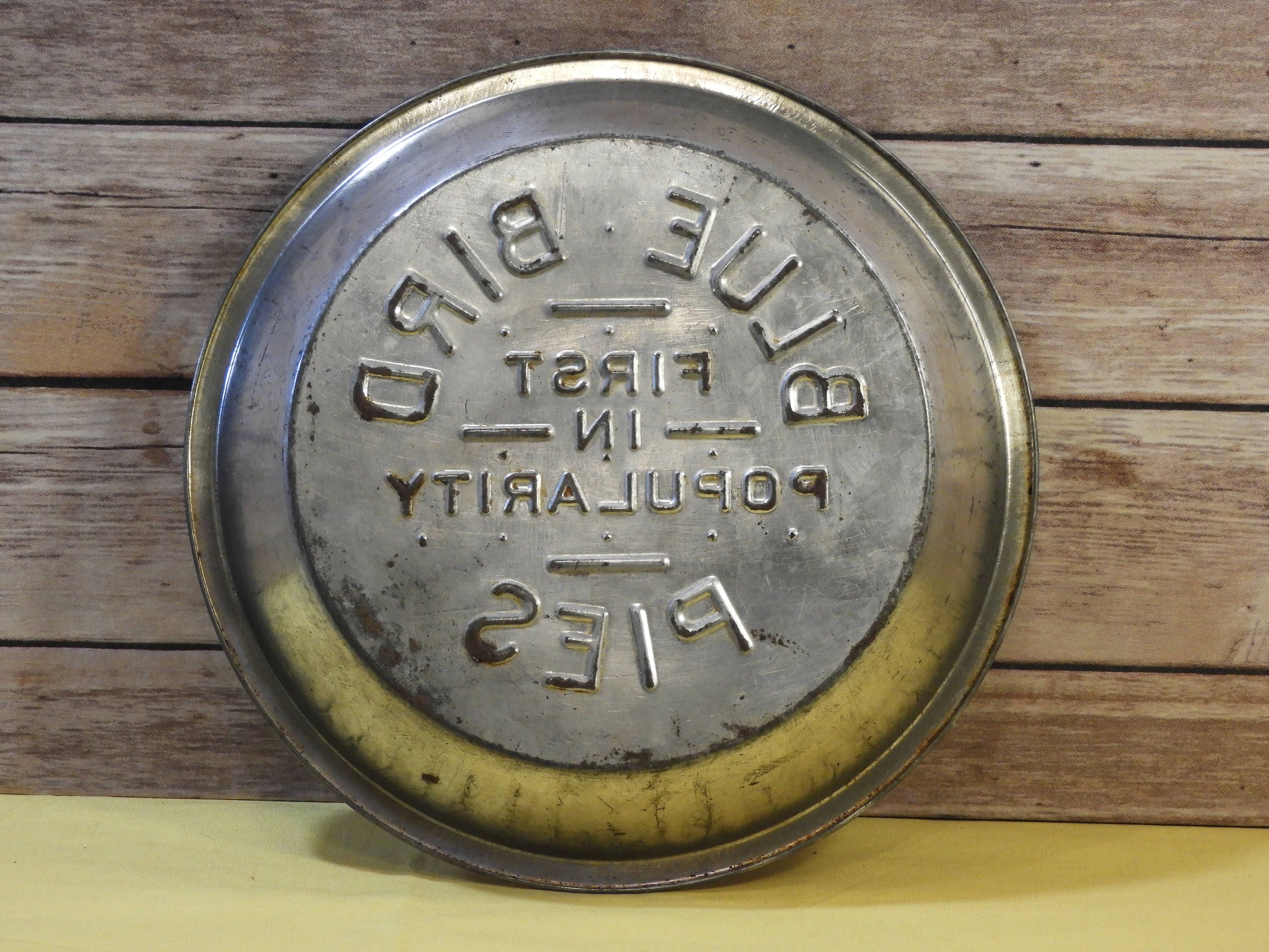 Vintage Blue Bird Pie Tin, Silver Aluminum Pie Plate, Mid Century Decor