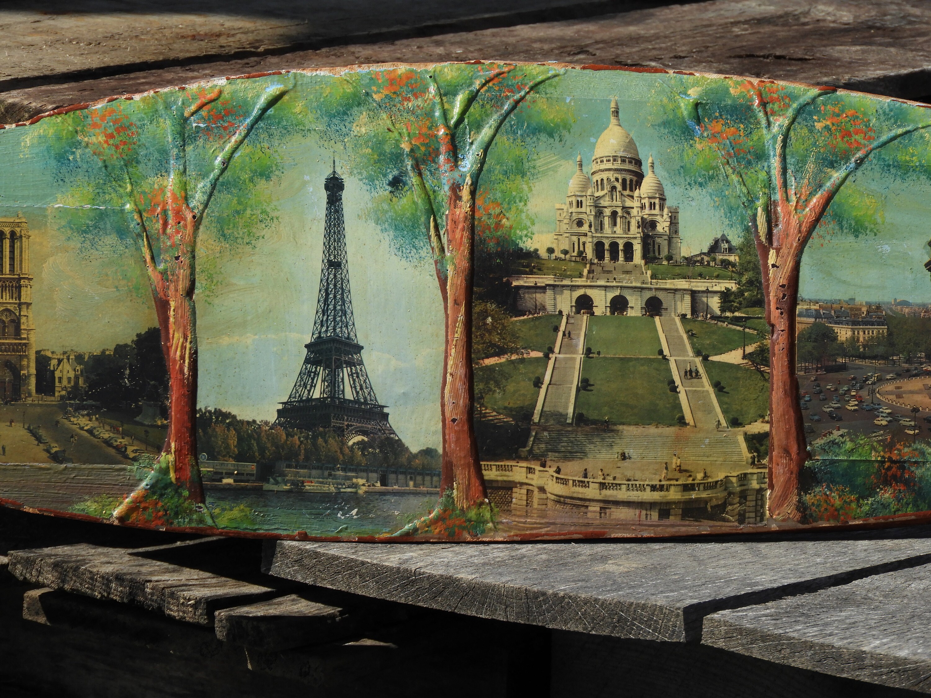 Vintage France Decoupage Art, French Landmarks on Wood, Notre Dame