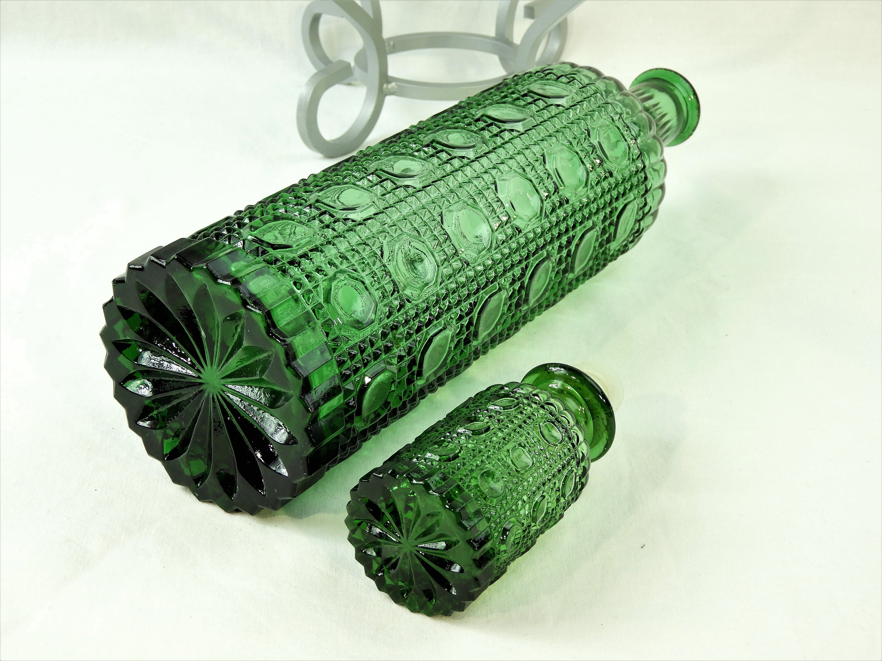 Vintage Green Decanter, Tall Cut Glass Bottle, Dot & Diamond Hobnail