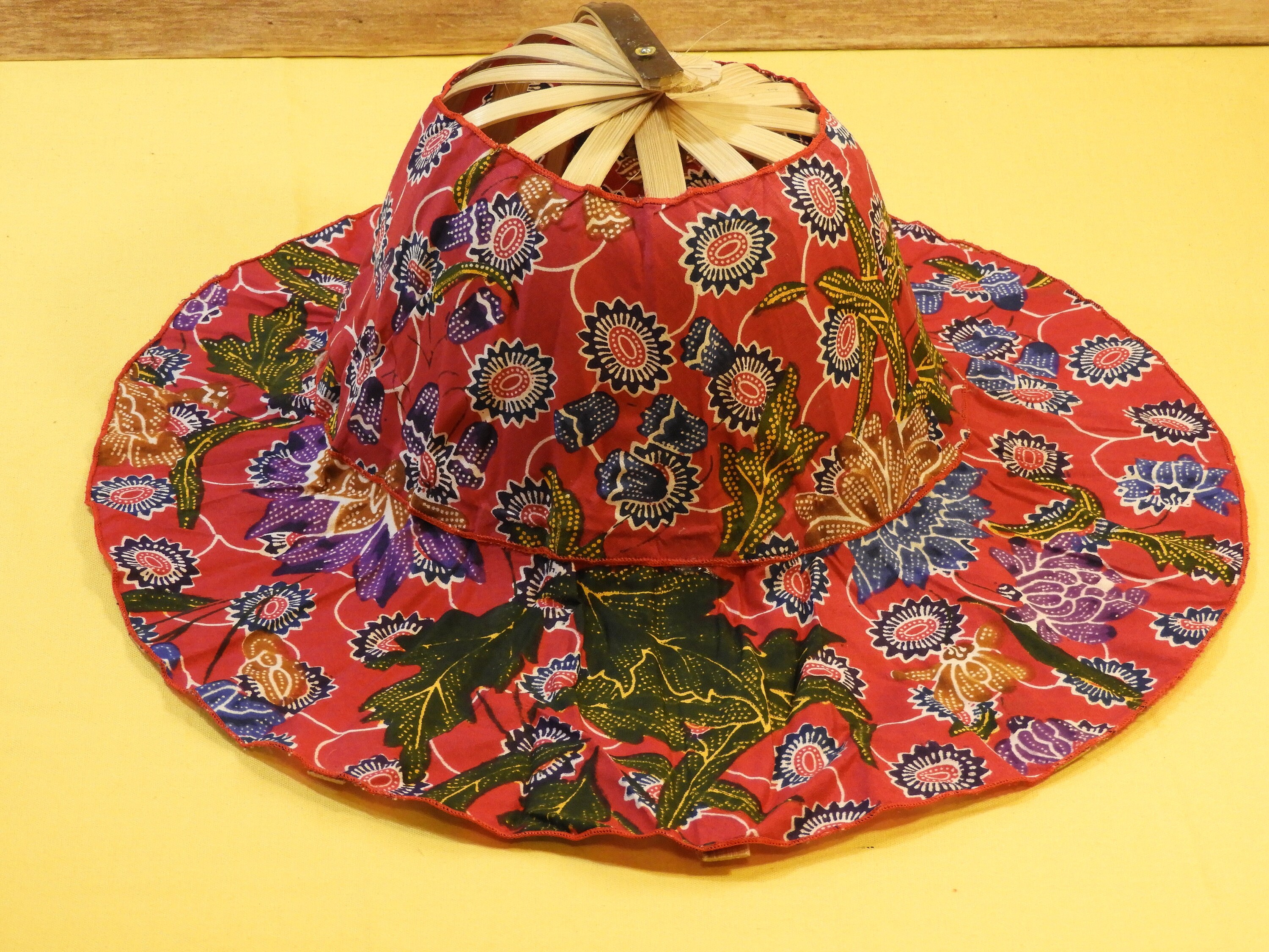 Vintage Folding Fan Hat, Indonesian Sun Hat, Red and Purple Floral Head