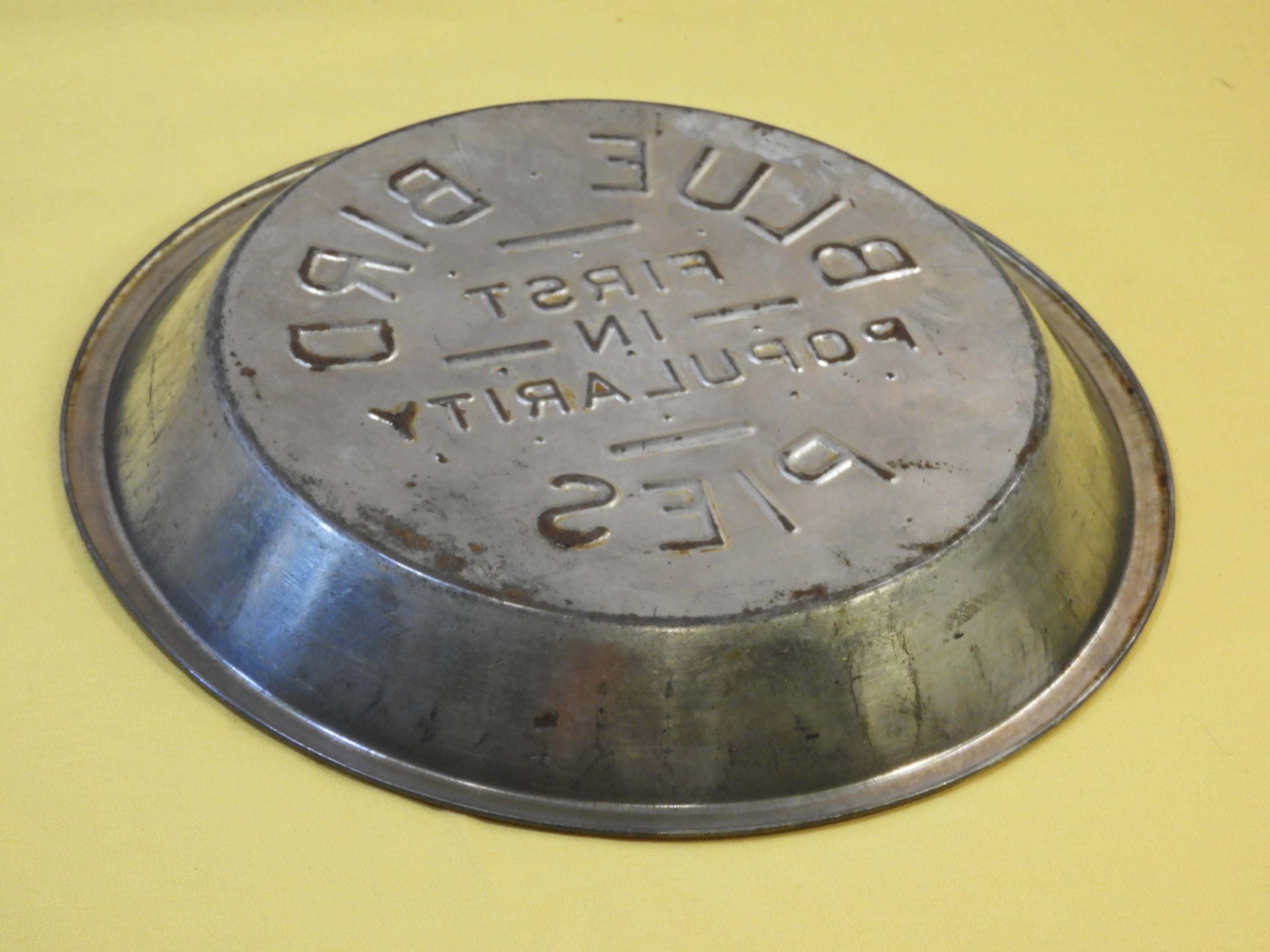 Vintage Blue Bird Pie Tin, Silver Aluminum Pie Plate, Mid Century Decor